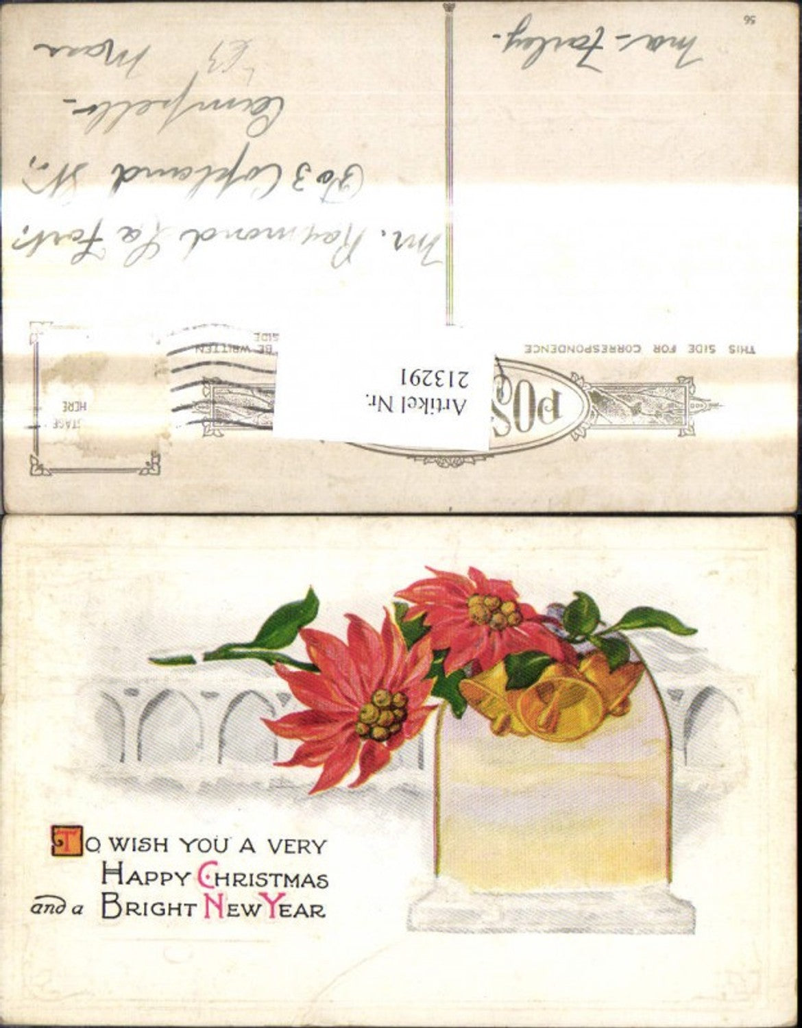 213291, Embosser Lithograph Christmas Star Bell Flowers Window Saying Text