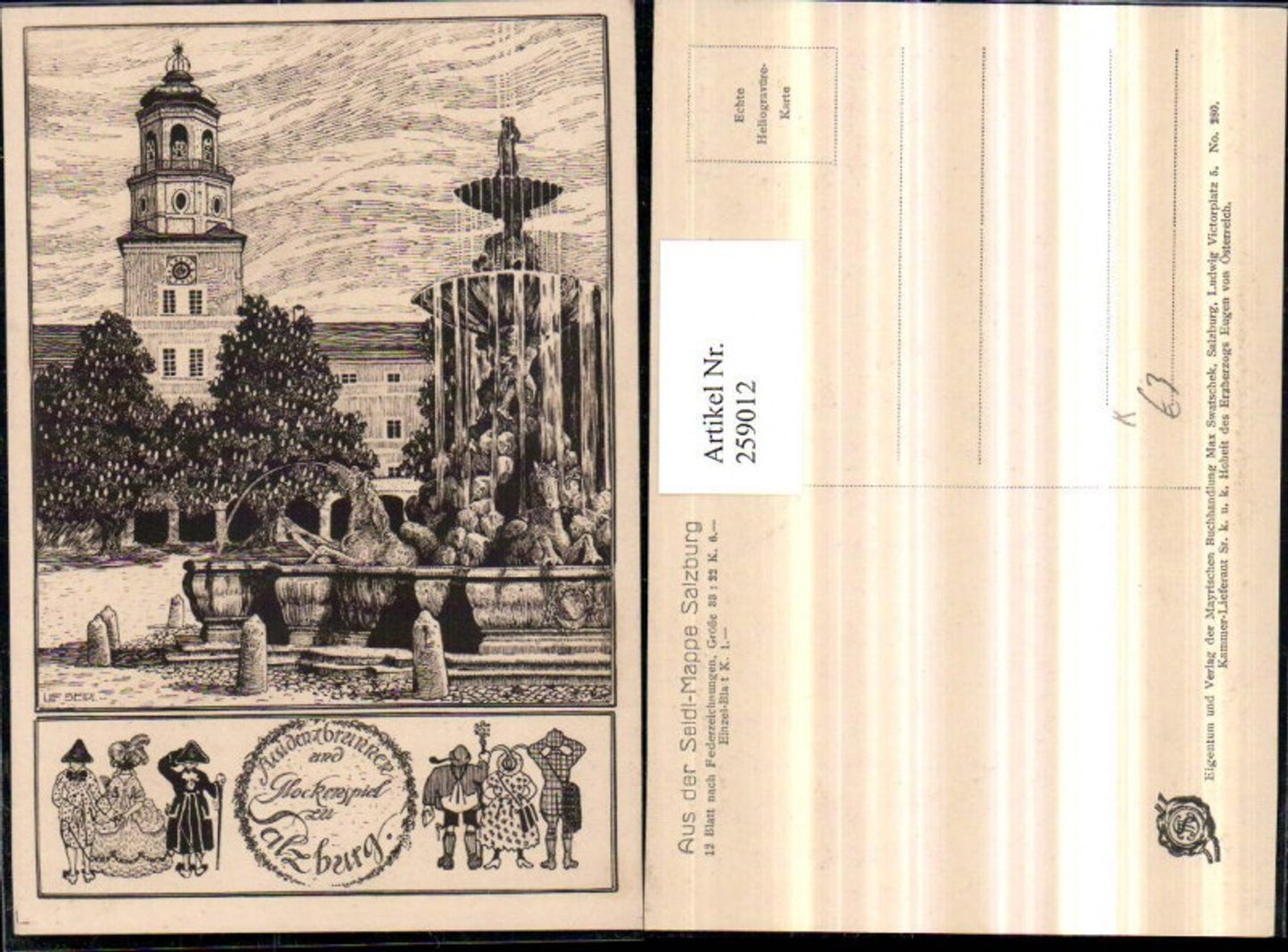 259012,Künstler AK Ulf Seidl Federzeichnung Salzburg Residenzbrunnen Brunnen Glockenspiel Turm