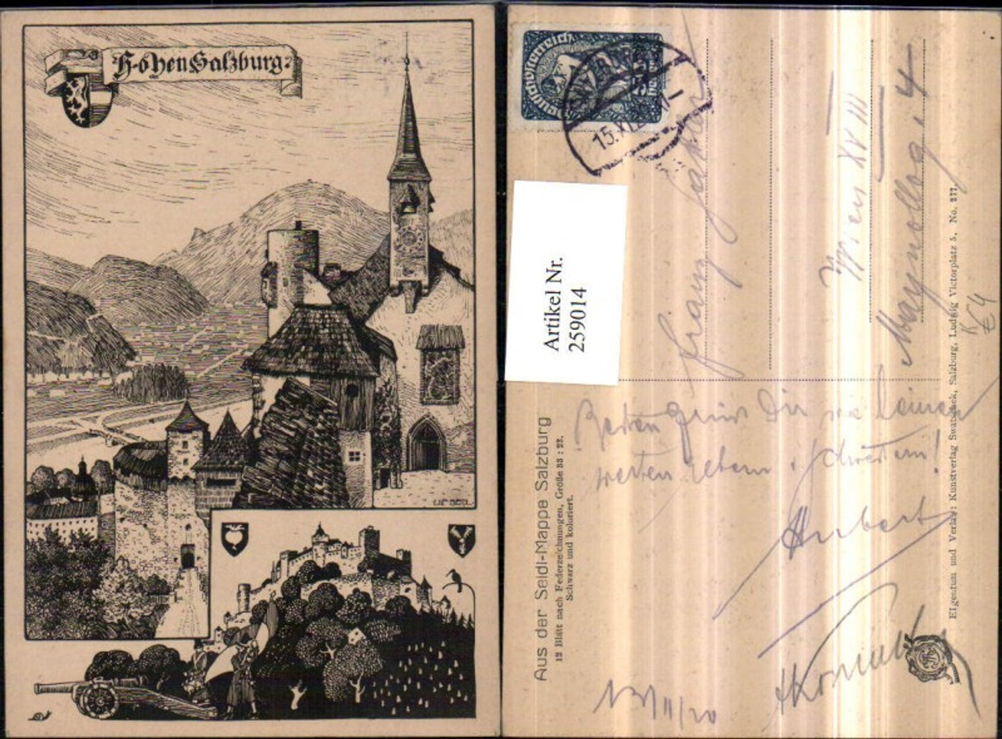 259014,Künstler AK Ulf Seidl Federzeichnung Salzburg Hohensalzburg Festung Kanone Mehrbildkarte
