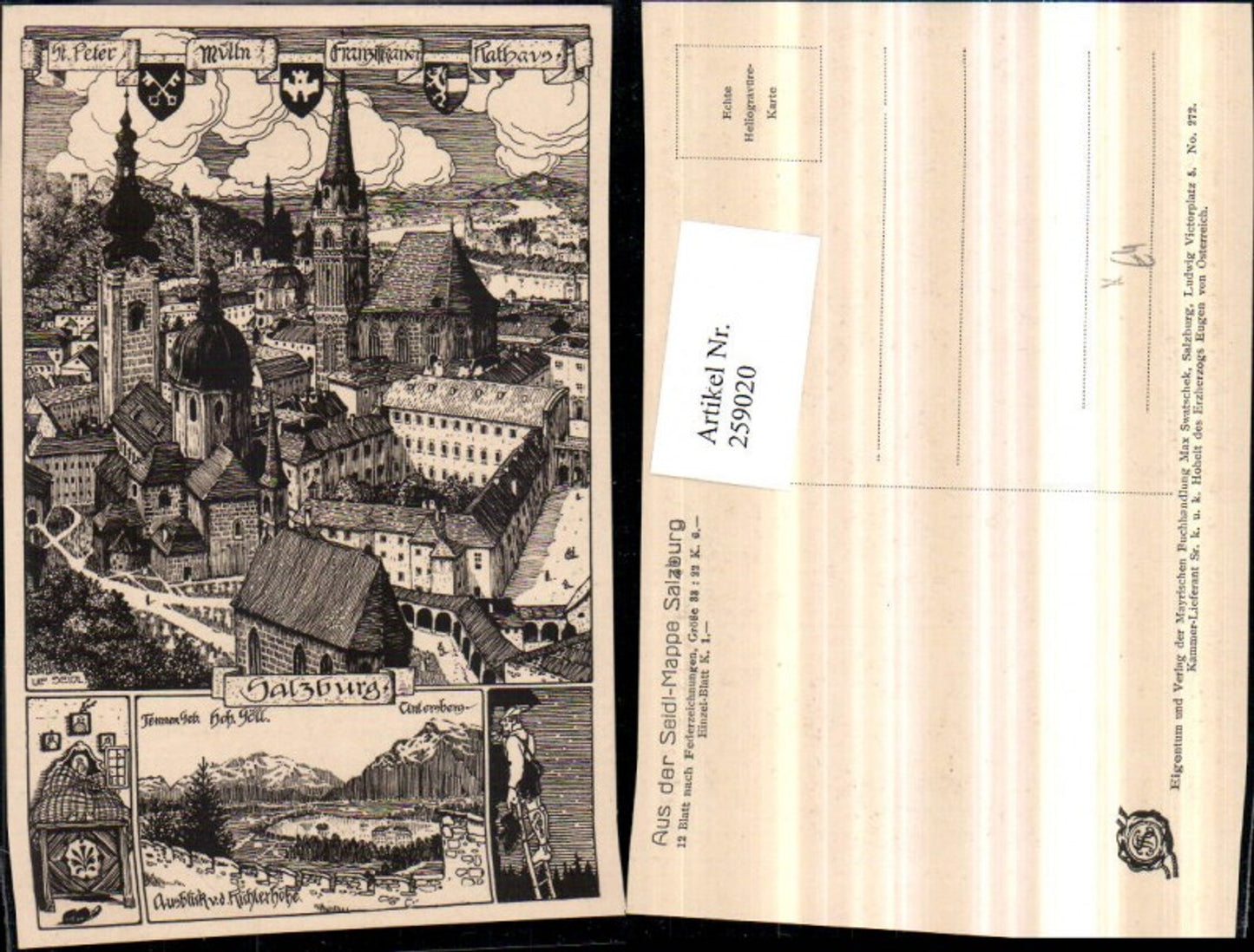 259020,Künstler AK Ulf Seidl Federzeichnung Salzburg St. Peter Mülln Rathaus Kirche Richterhöhe Mehrbildkarte