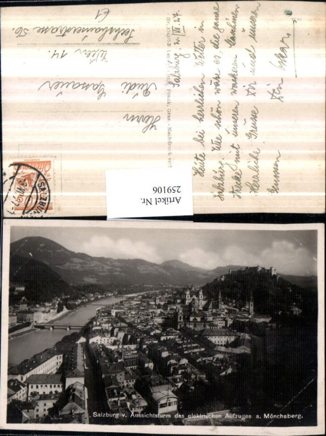 259106,Salzburg Totale m. Festung v. Aussichtsturm des elektrischen Aufzuges am Mönchsberg