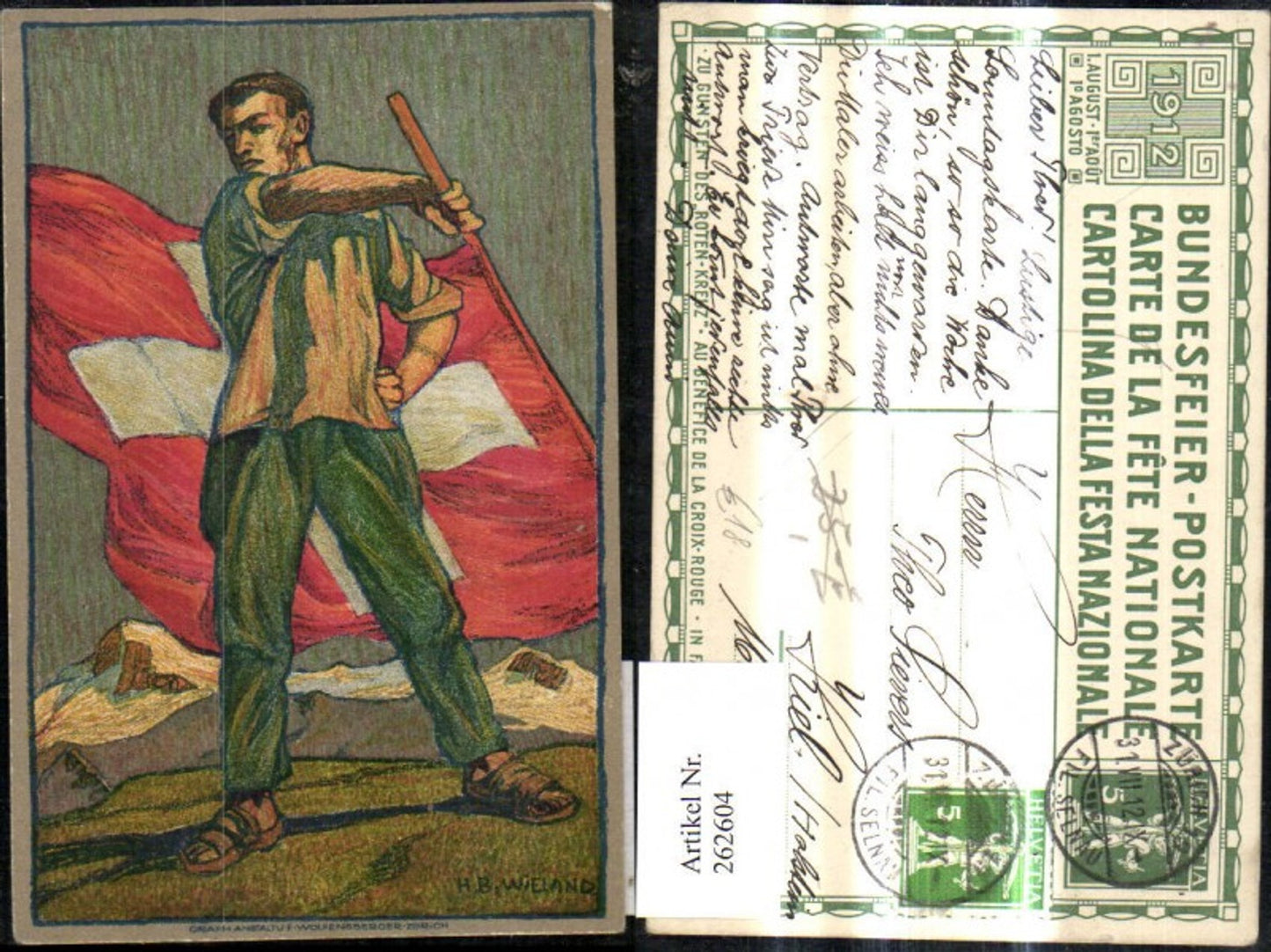 262604,Künstler Ak H. B. Wieland Bundesfeier Ak Mann schwingt Schweizer Flagge Patriotik Schweiz 1912