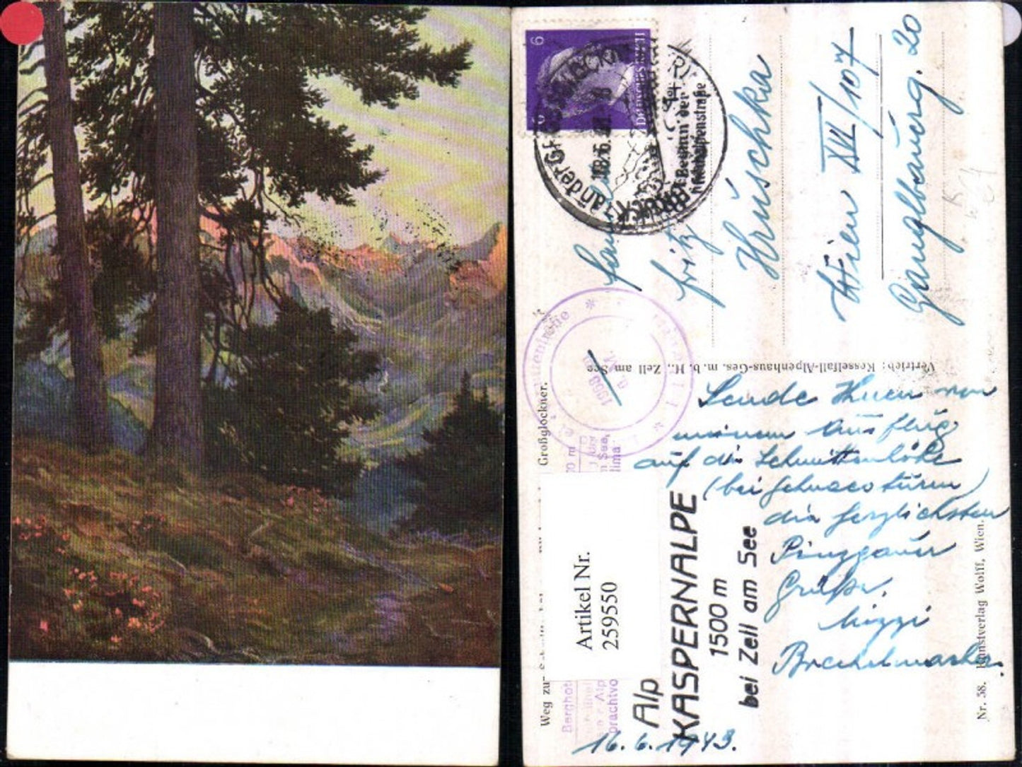 259550,Künstler AK C. Wolff Weg zur Schmittenhöhe Blick auf d. Großglockner Bergkulisse b. Zell am See