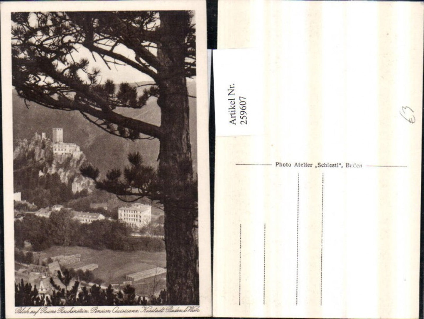 259607,Baden b. Wien Blick auf Ruine Rauhenstein u. Pension Quisisana