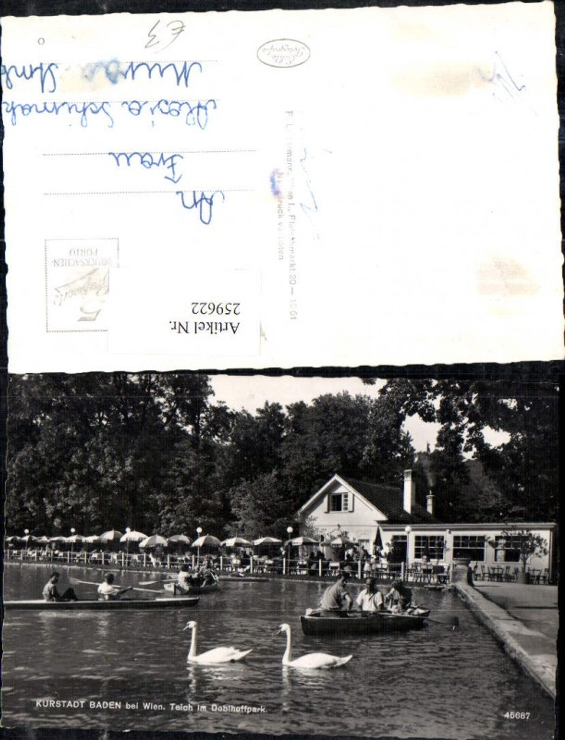 259622,Baden b. Wien Teich im Doblhoffpark Schwäne Ruderboote Terrasse