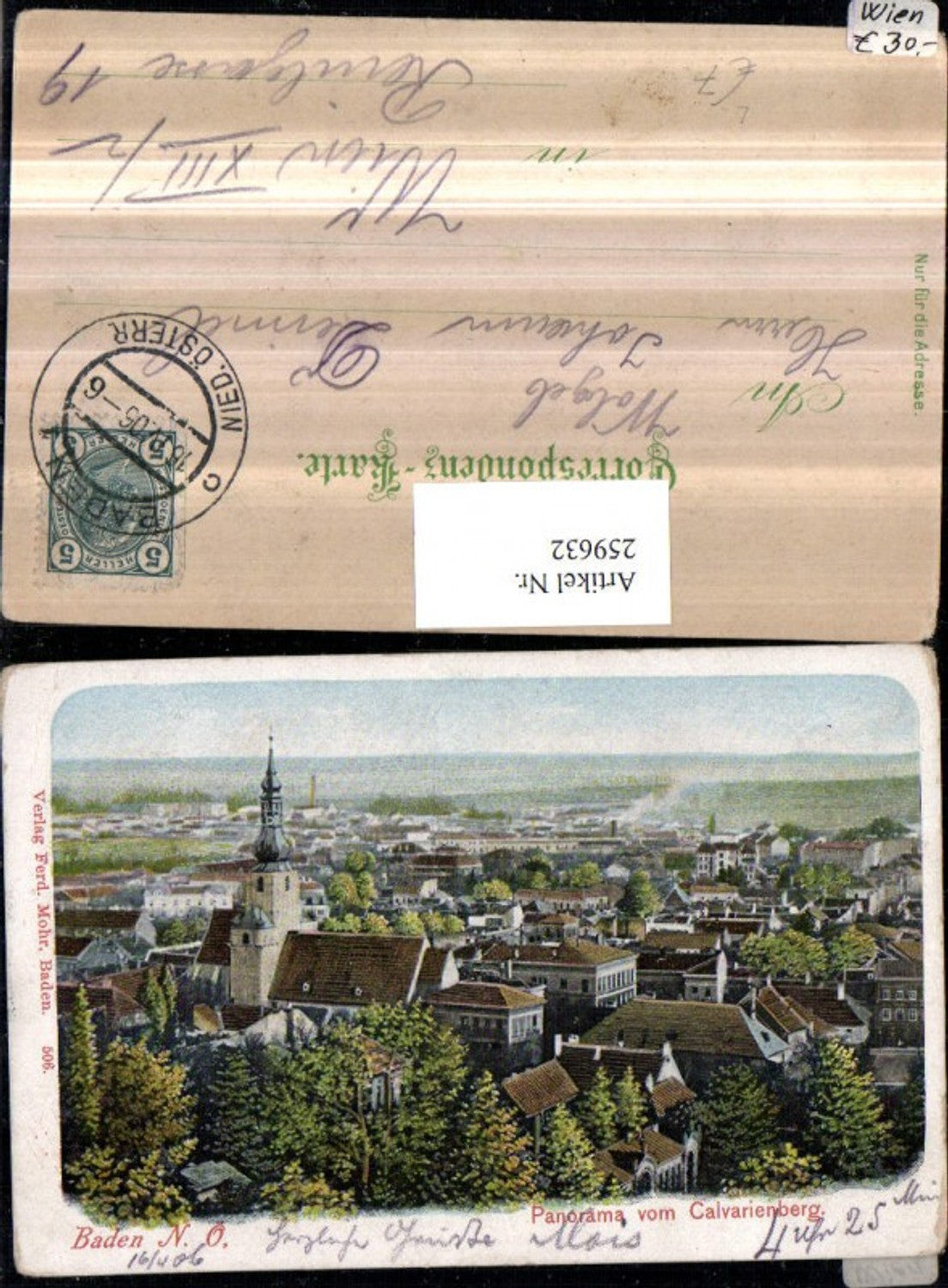 259632,Litho AK Baden Totale Panorama Kirche v. Kalvarienberg