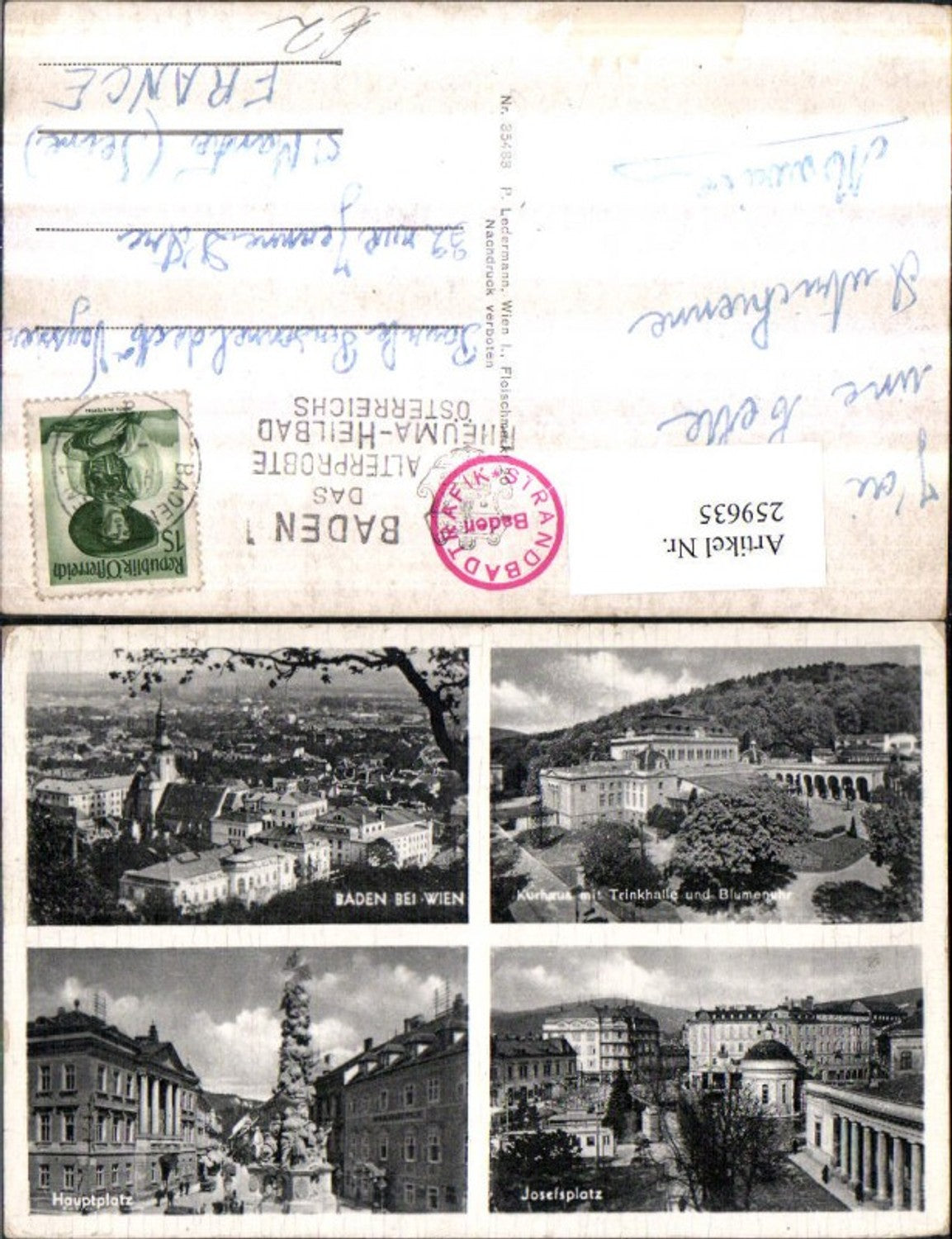 259635,Baden b. Wien Totale Hauptplatz Dreifaltigkeitssäule Josefsplatz Kurhaus m. Trinkhalle Mehrbildkarte