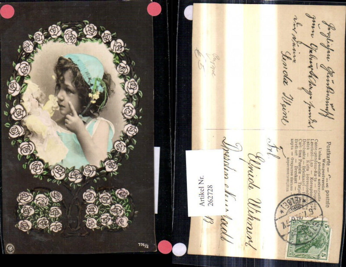 262728,Kind Mädchen m. Spielzeug Puppe Passepartout Rosen Blumen pub NPG 776/2