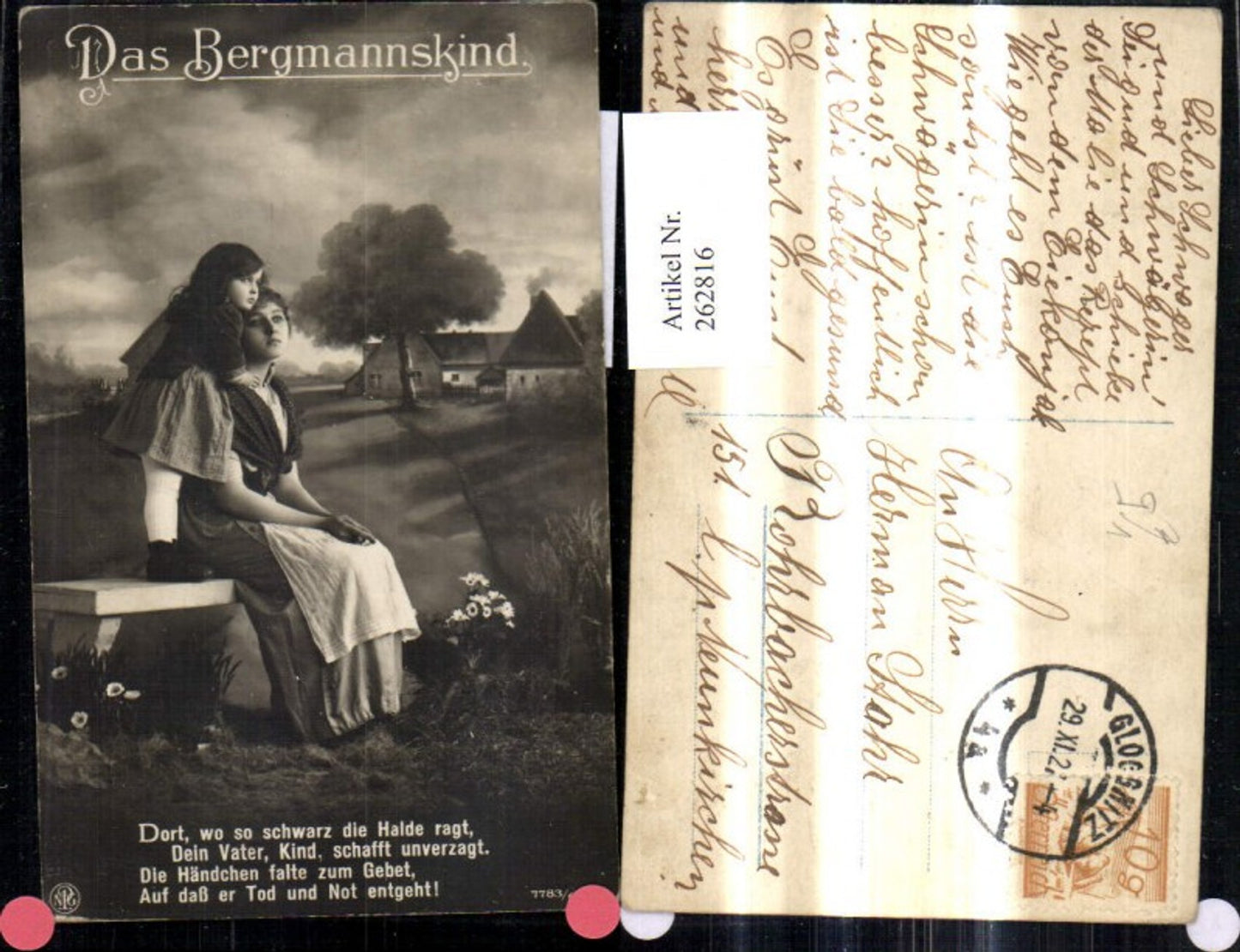 262816,Foto Ak Frau m. Mädchen Bank Bergmannskind Spruch Text pub NPG 7783/6