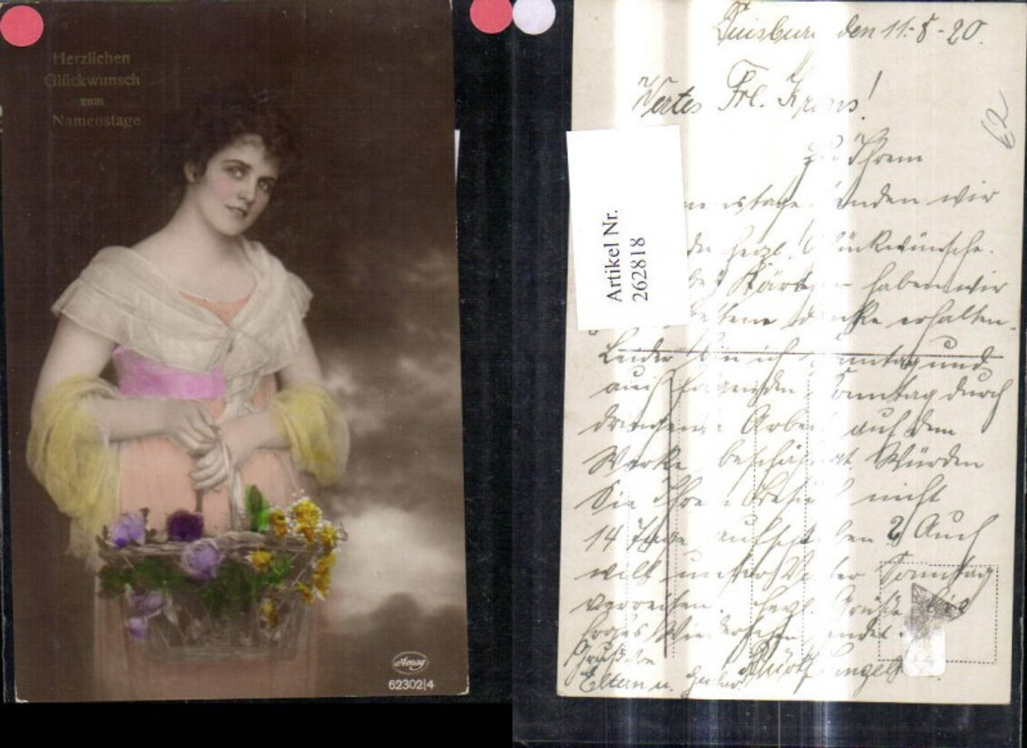 262818,Foto Ak Frau m. Korb Blumen Blumenkorb Namenstag Goldschrift