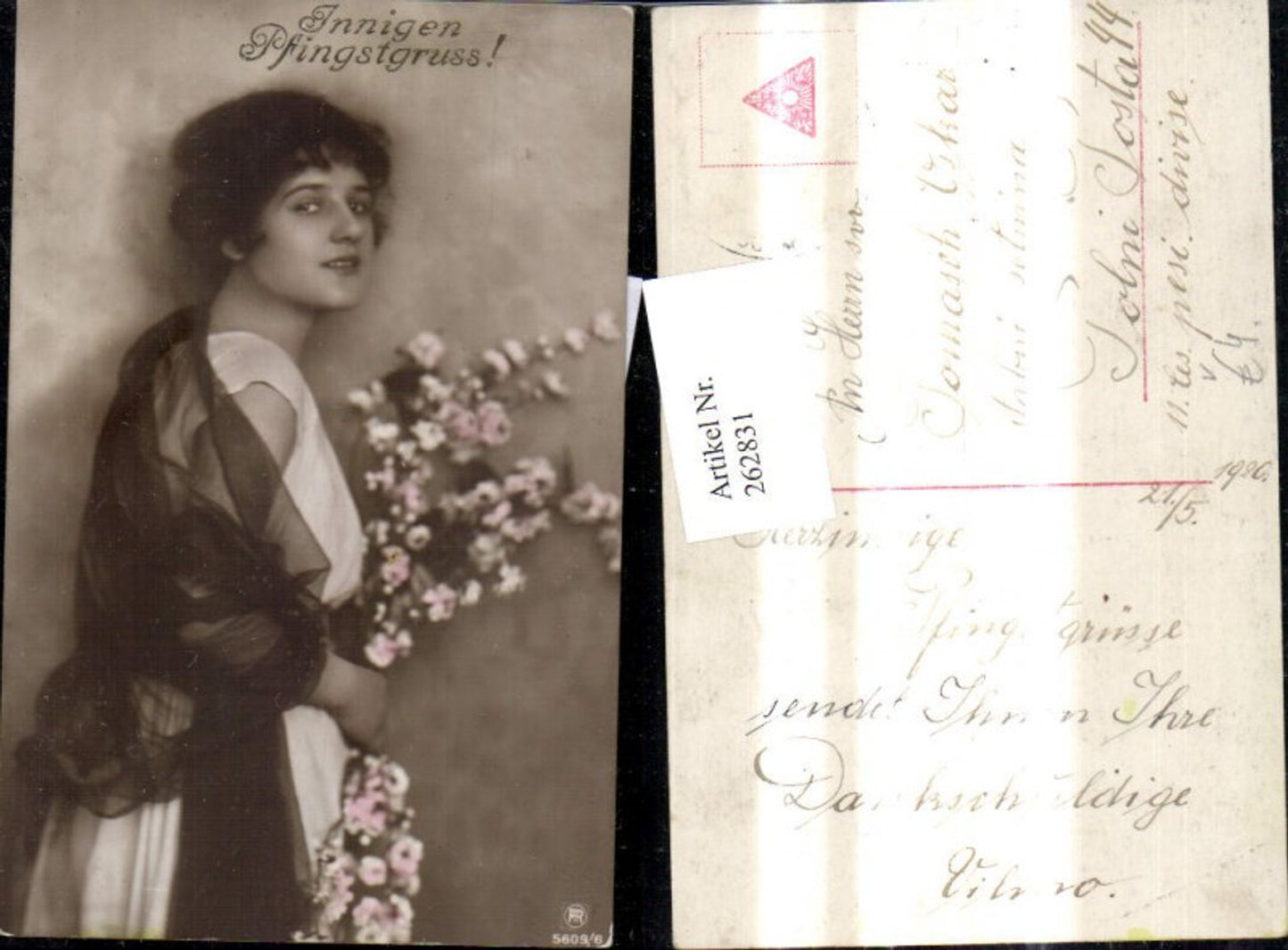 262831,Foto Ak Frau m. Blumen Blütenzweige Pfingstgruss pub RPH 5609/6