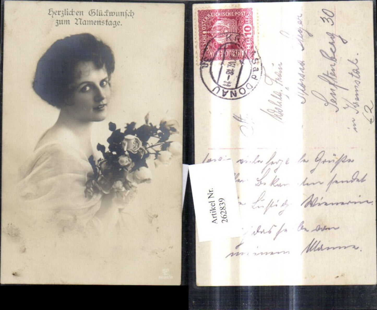 262839,Foto Ak Frau Portrait Blumenstrauß Rosen Namenstag