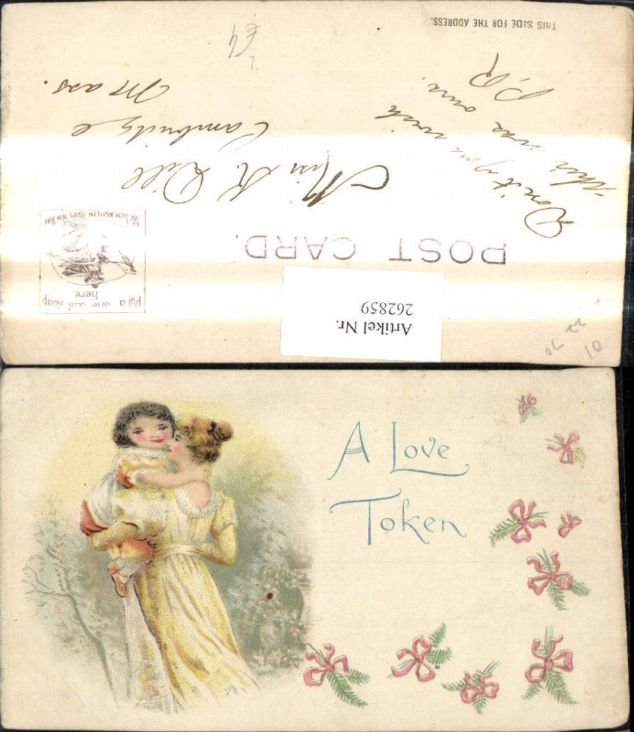 262859,Künstler Litho Frau m. Mädchen Kind a. Arm A Love Token Tannenzweige m. Schleifen