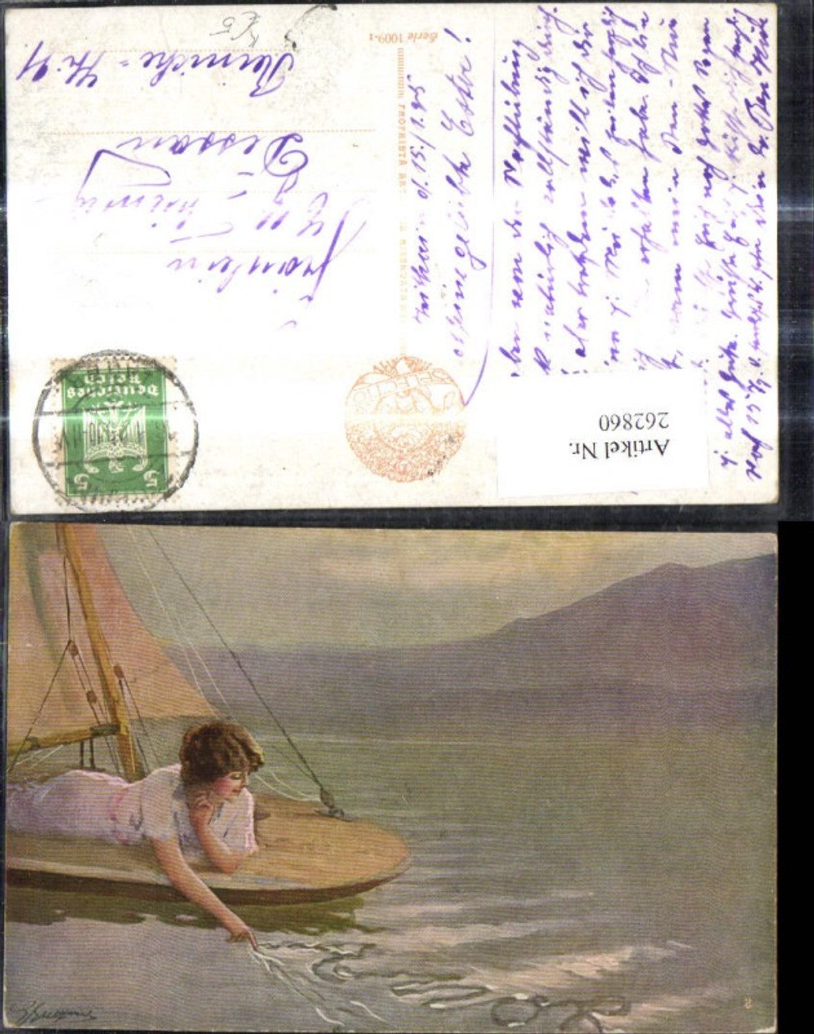 262860,Künstler Ak Frau a. Segelboot Boot Finger i. Wasser