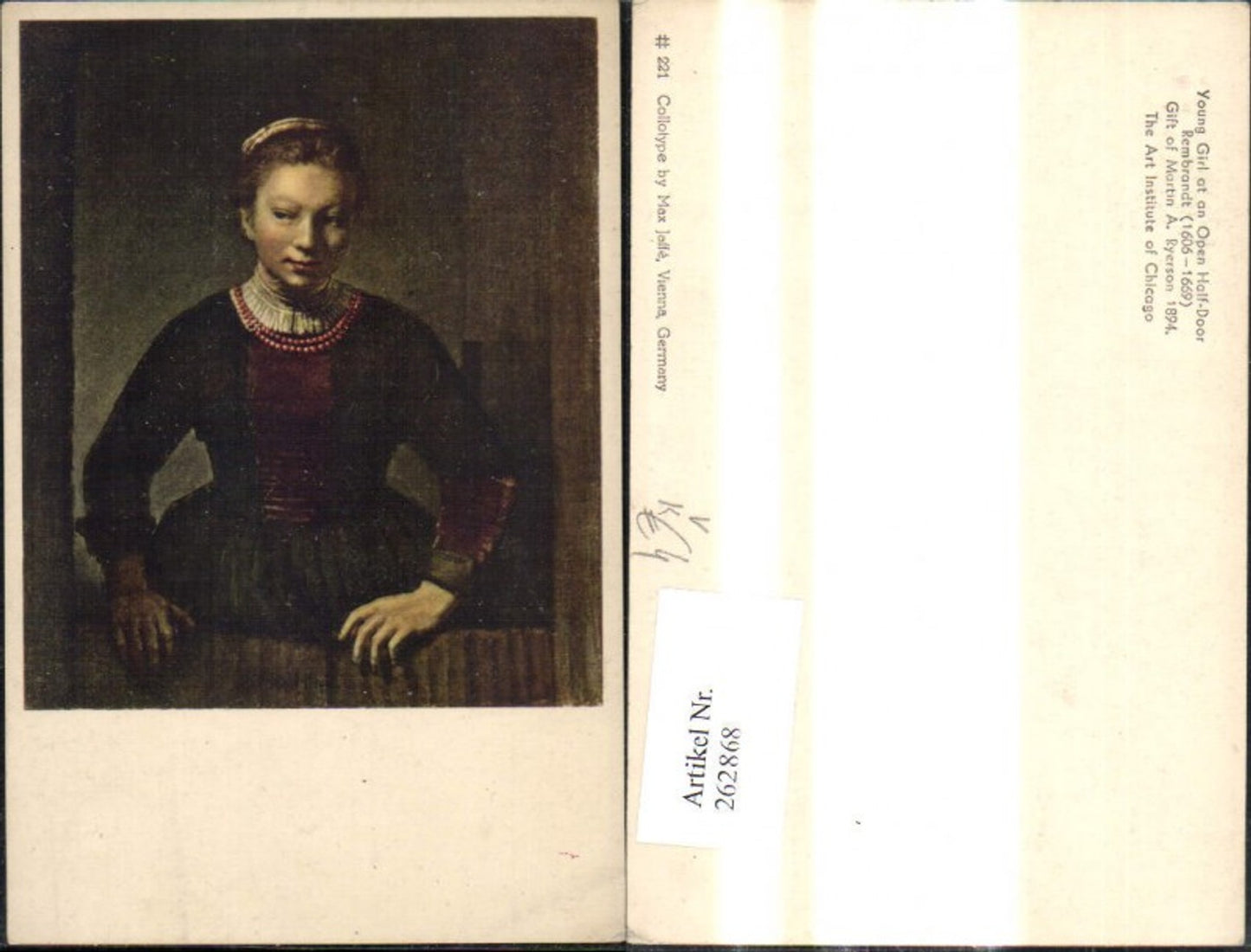 262868, Artist Ak Rembrandt Young Girl at an Open Half Door Frau pub Max Jaffe 221