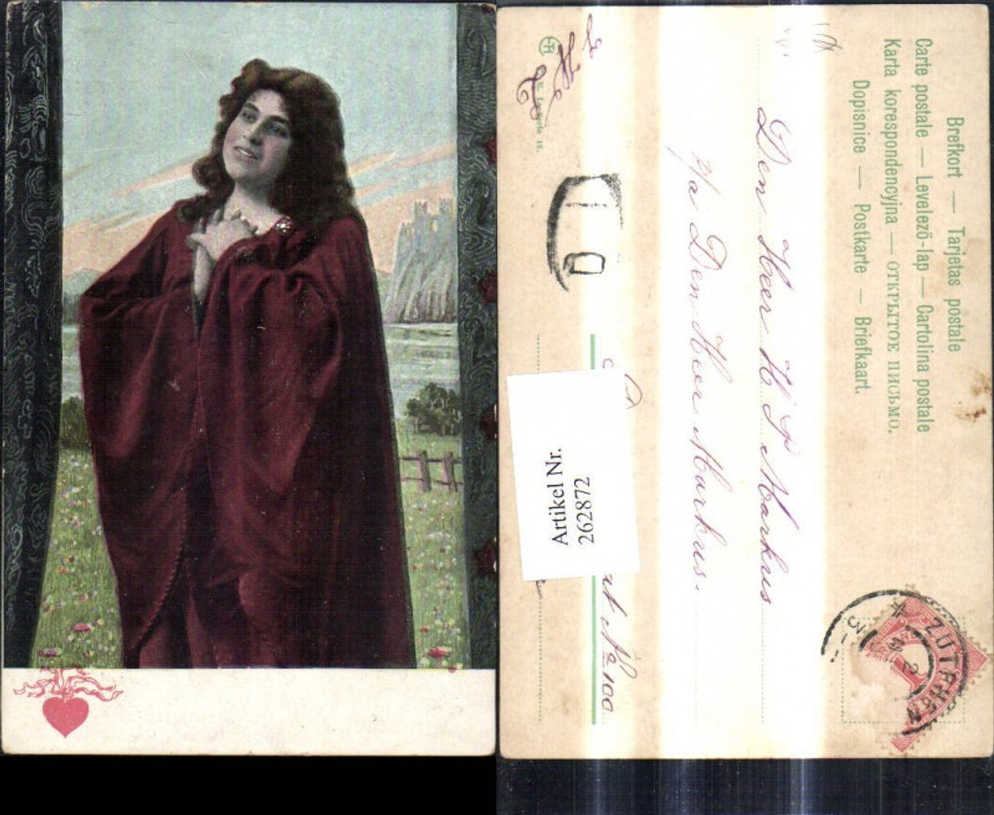 262872,Künstler Ak Frau m. Mantel Umhand Burg Festung i. Hintergrund