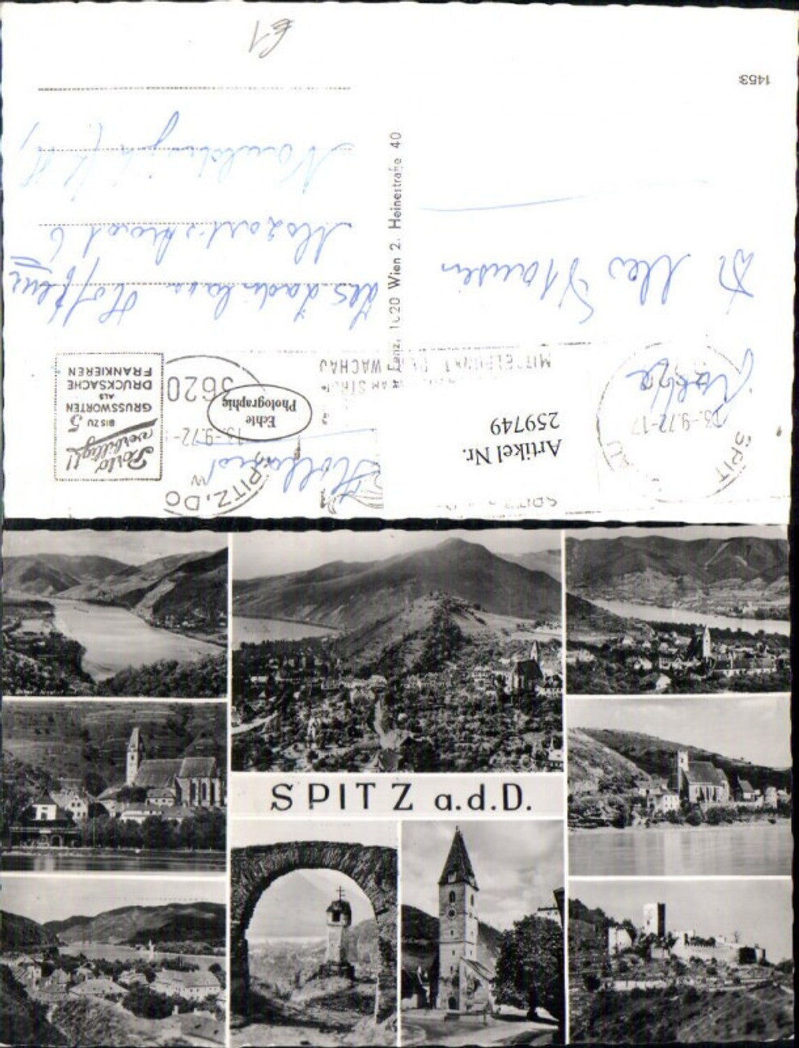 259749,Spitz an d. Donau Totale Kirche Bildstöckl Burg Mehrbildkarte