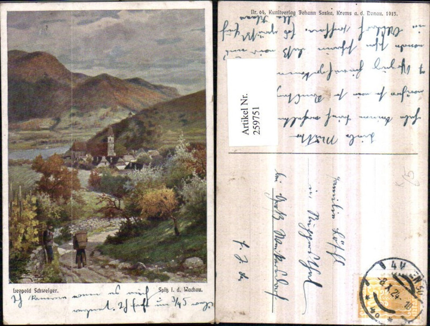 259751,Künstler AK Leopold Schweiger Spitz in d. Wachau Teilansicht Kirche Wegpartie