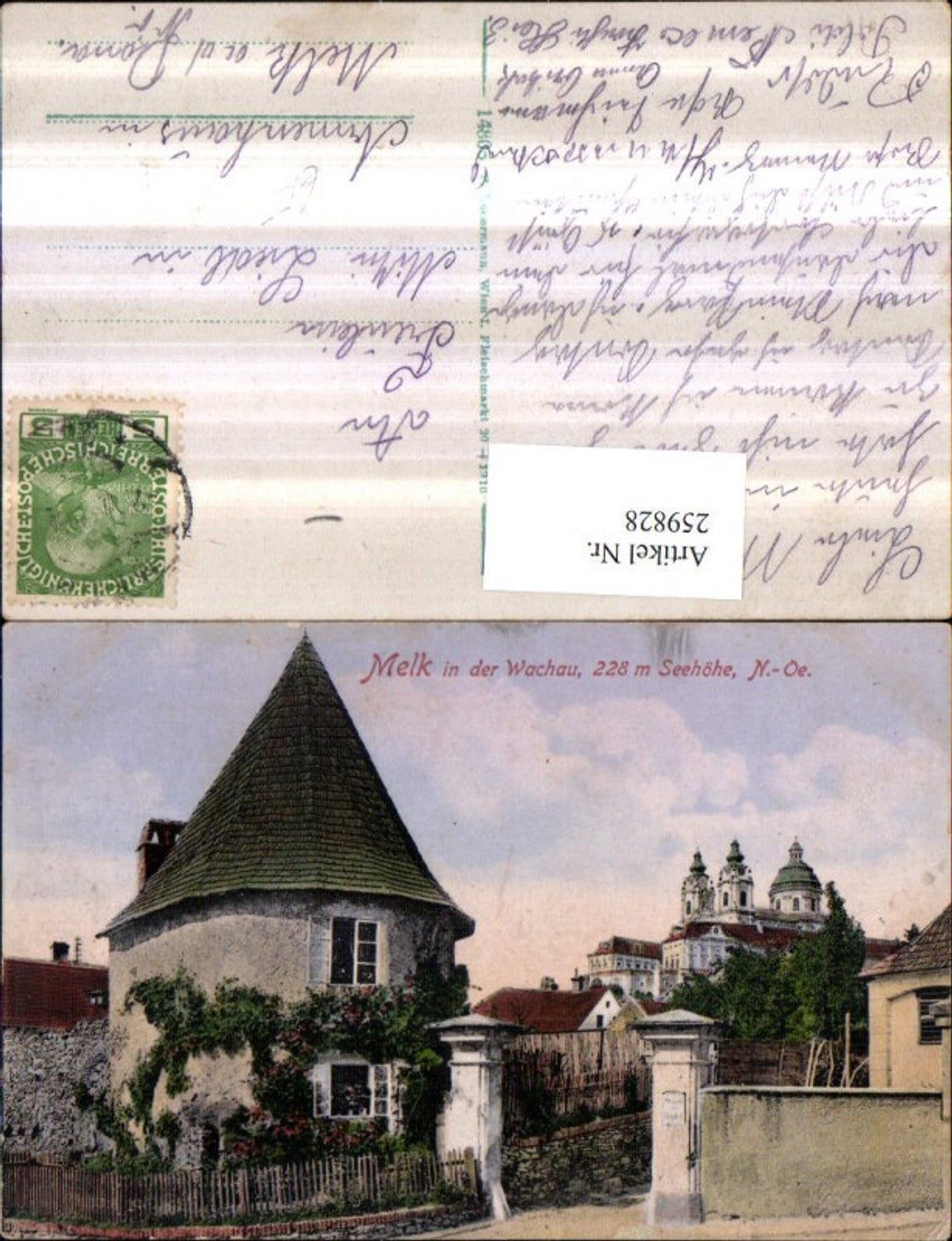 259828, Melk in the Wachau, house with a pointed roof, view of the monastery