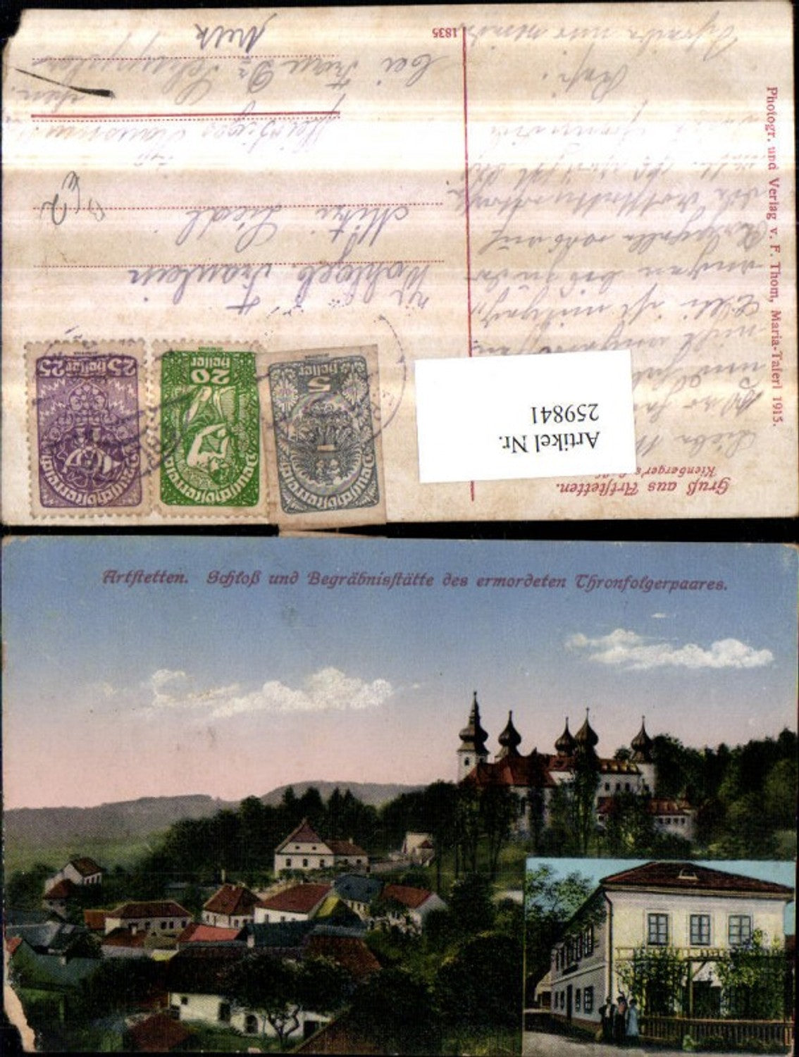 259841, Artstetten Castle and burial site of the Crown Prince and Princess, Kienberger's Inn, multi-view postcard