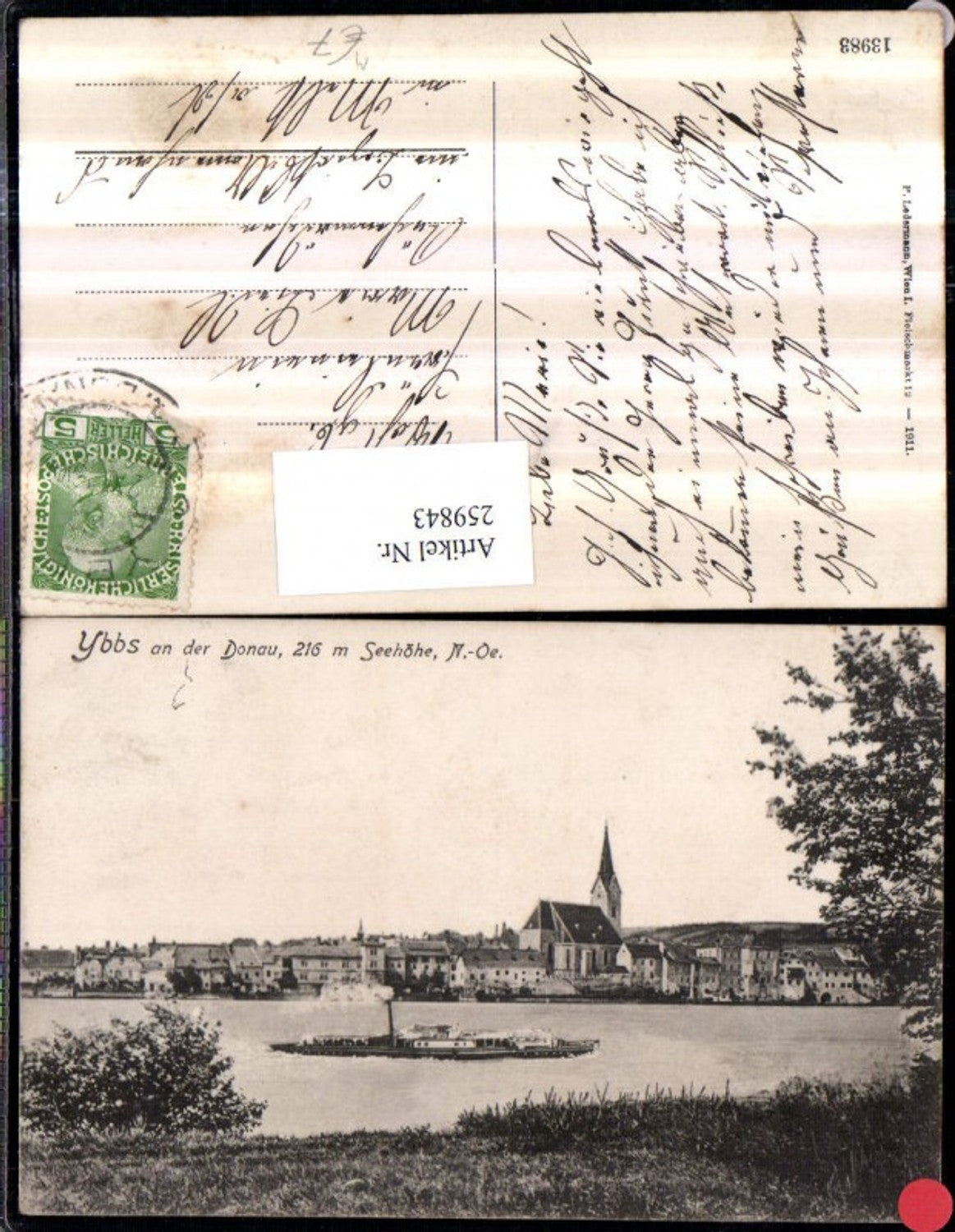 259843, Ybbs an der Donau, partial view of church and steamer