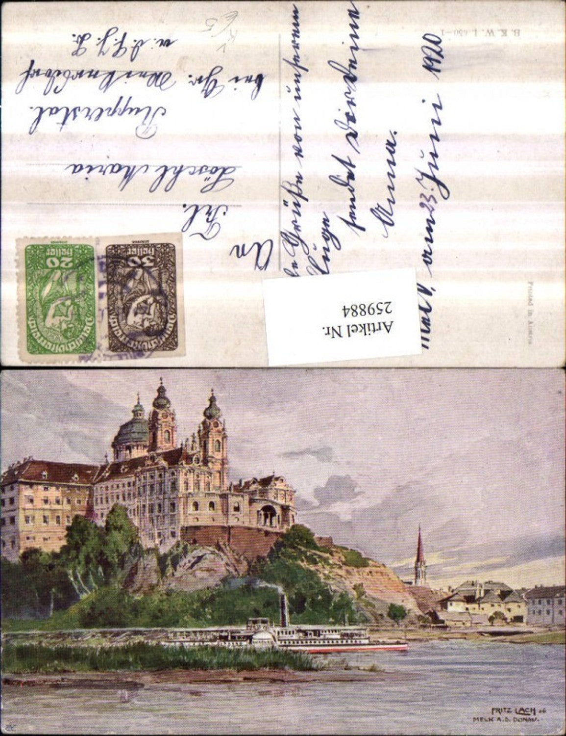 259884, Artist AK Fritz Lach Melk on the Danube Abbey Steamer Wachau pub Brothers Kohn BKWI 650/1