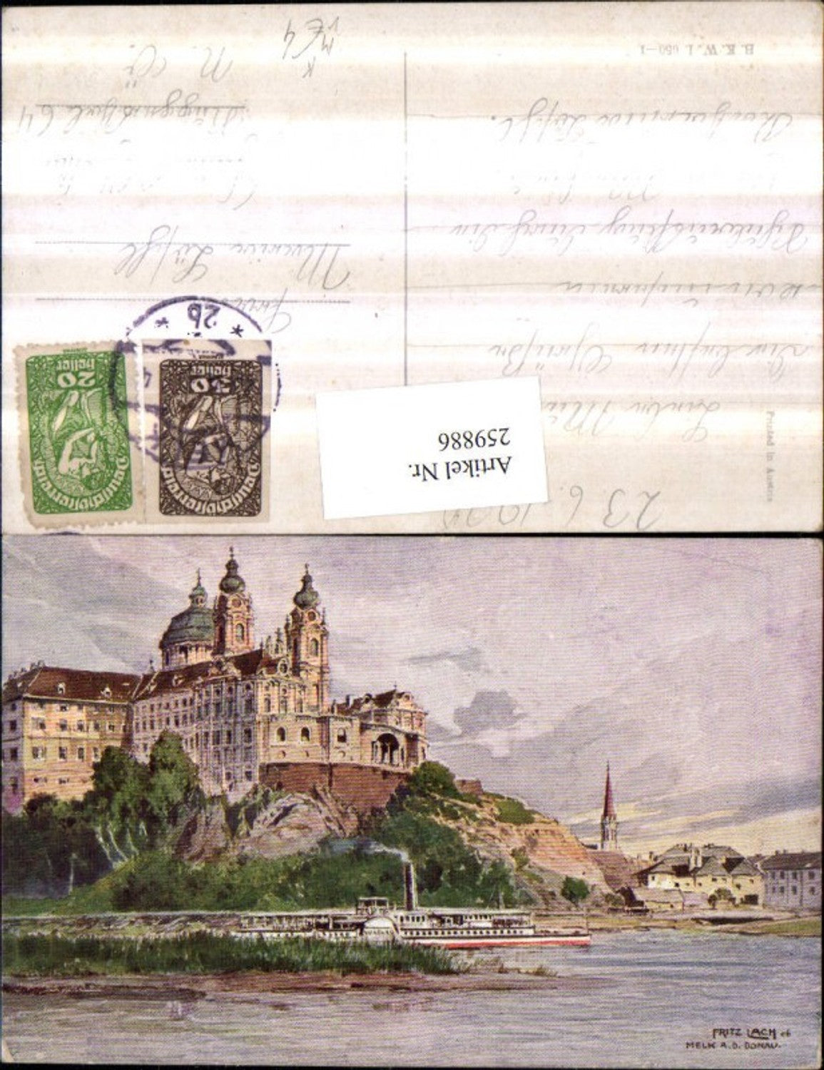 259886, Artist AK Fritz Lach Melk on the Danube Abbey Steamer Wachau pub Brothers Kohn BKWI 650/1