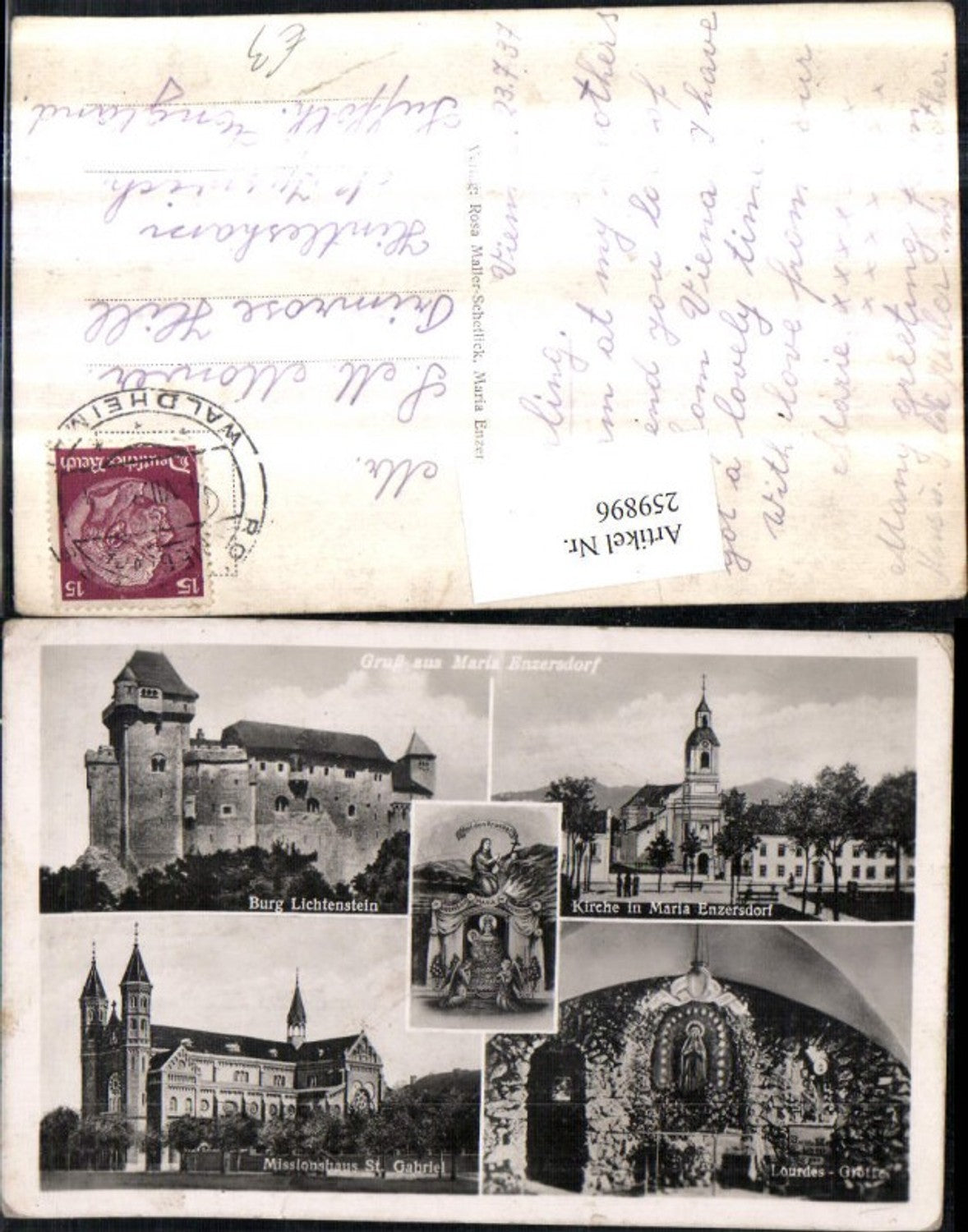 259896,Gruß aus Maria Enzersdorf Kirche Lourdes-Grotte Missionshaus St. Gabriel Burg Liechtenstein Mehrbildkarte