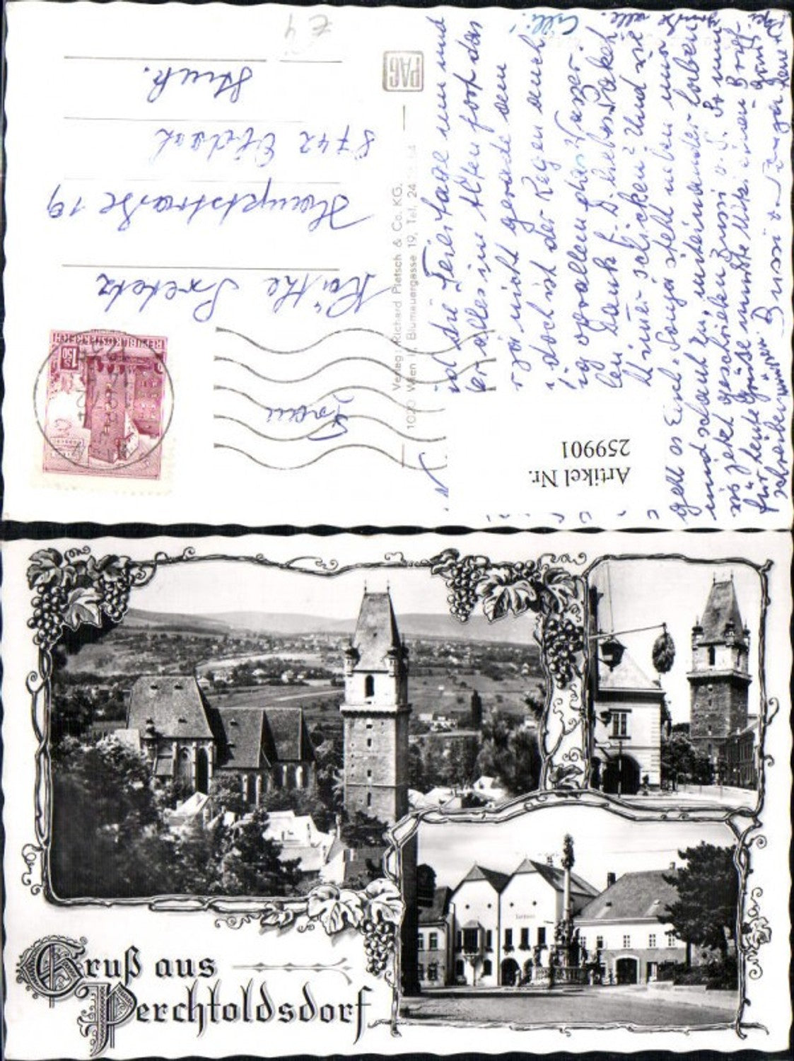 259901,Gruß aus Perchtoldsdorf Stadtturm Turm Kirche Mariensäule Rathaus Mehrbildkarte
