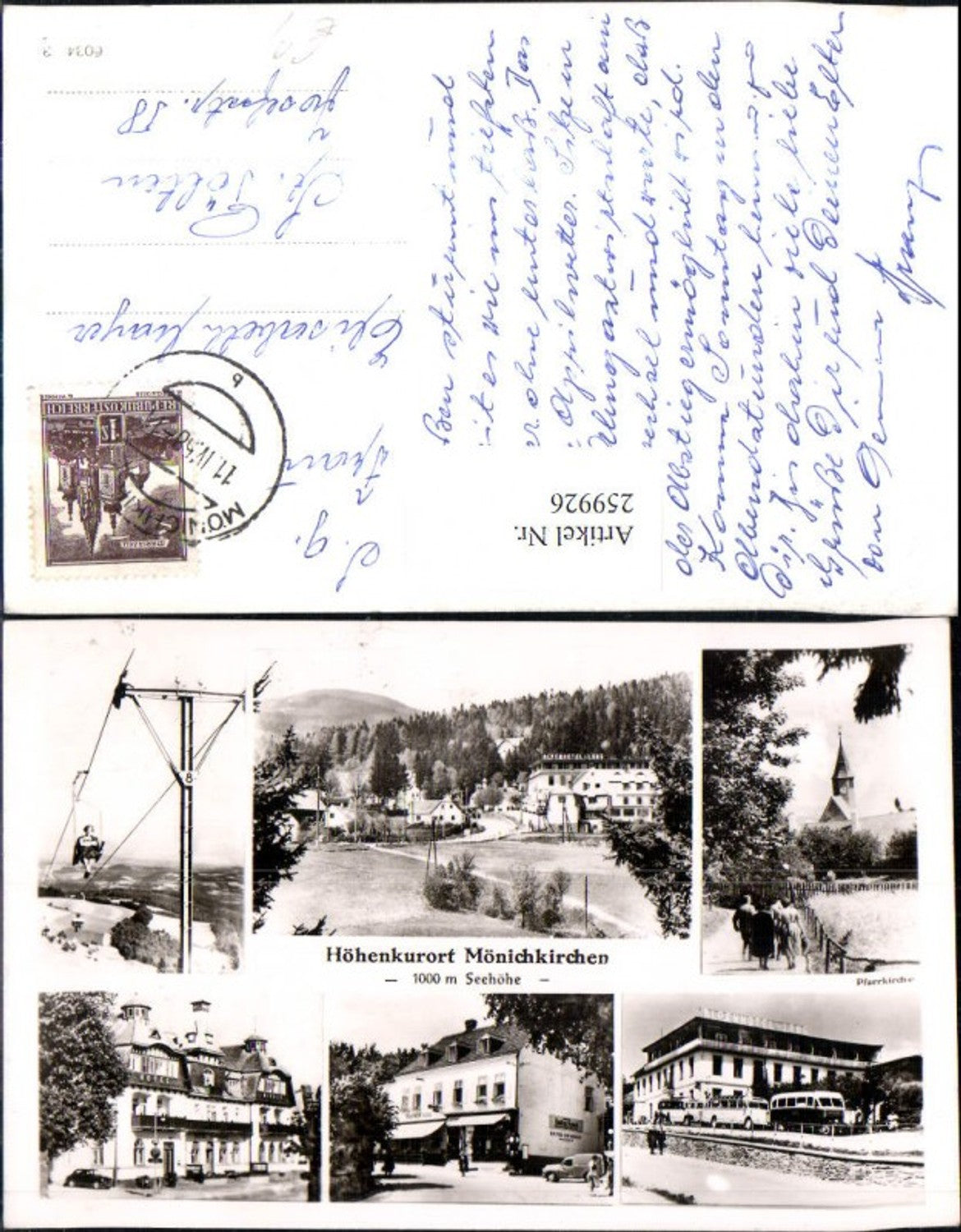 259926,Mönichkirchen Teilansicht Alpenhotel Lang Kirche Gasthof Sessellift Mehrbildkarte