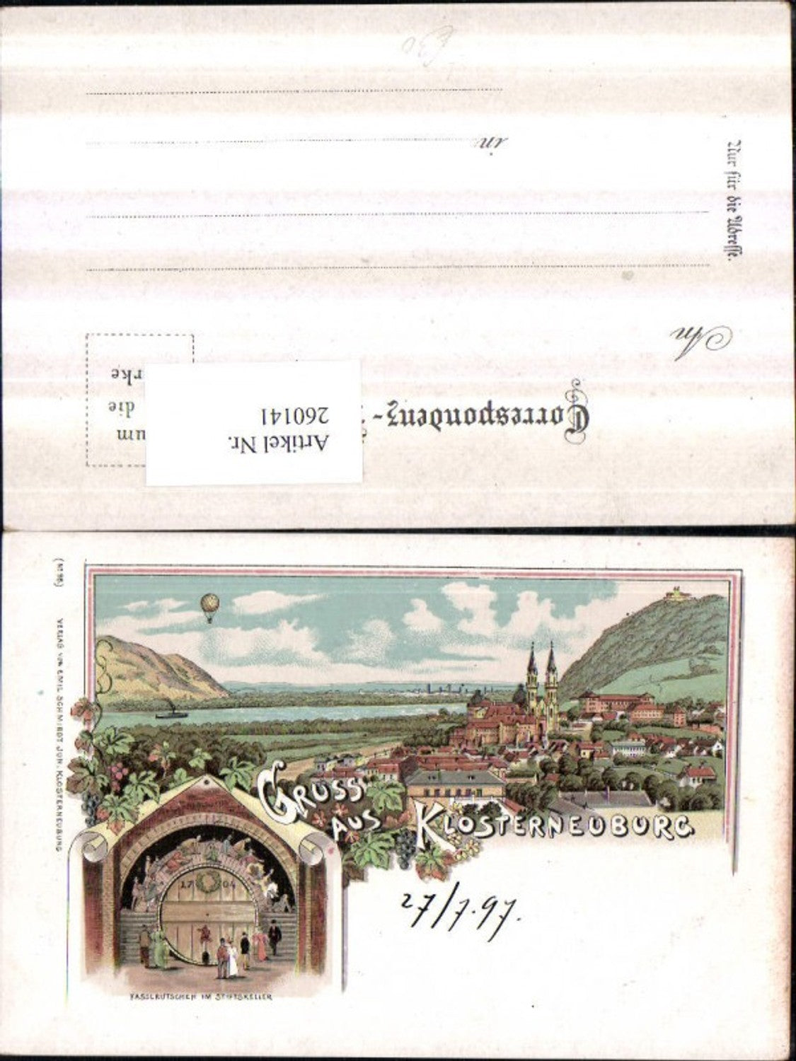 260142,Litho AK Gruß aus Klosterneuburg Totale Kirche Fasslrutschen Fass Stiftskeller Mehrbildkarte