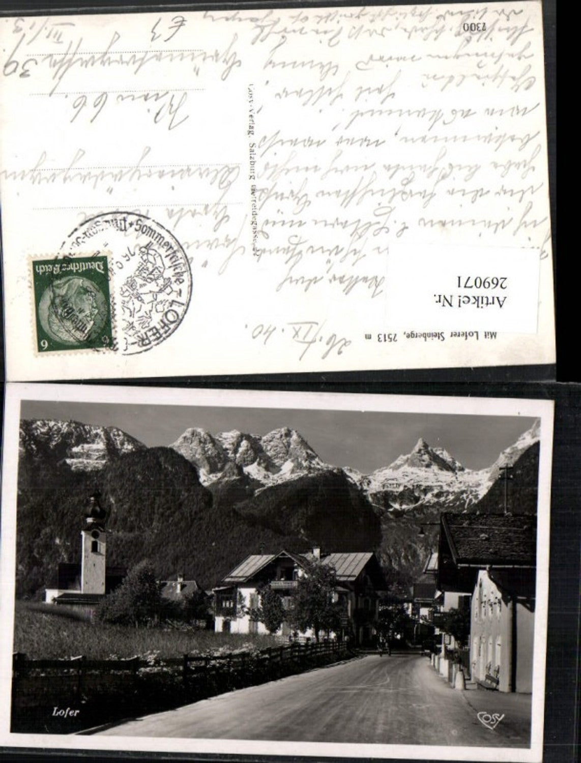 269071,Lofer Kirche Straßenansicht m. Steinberge Bergkulisse pub Cosy