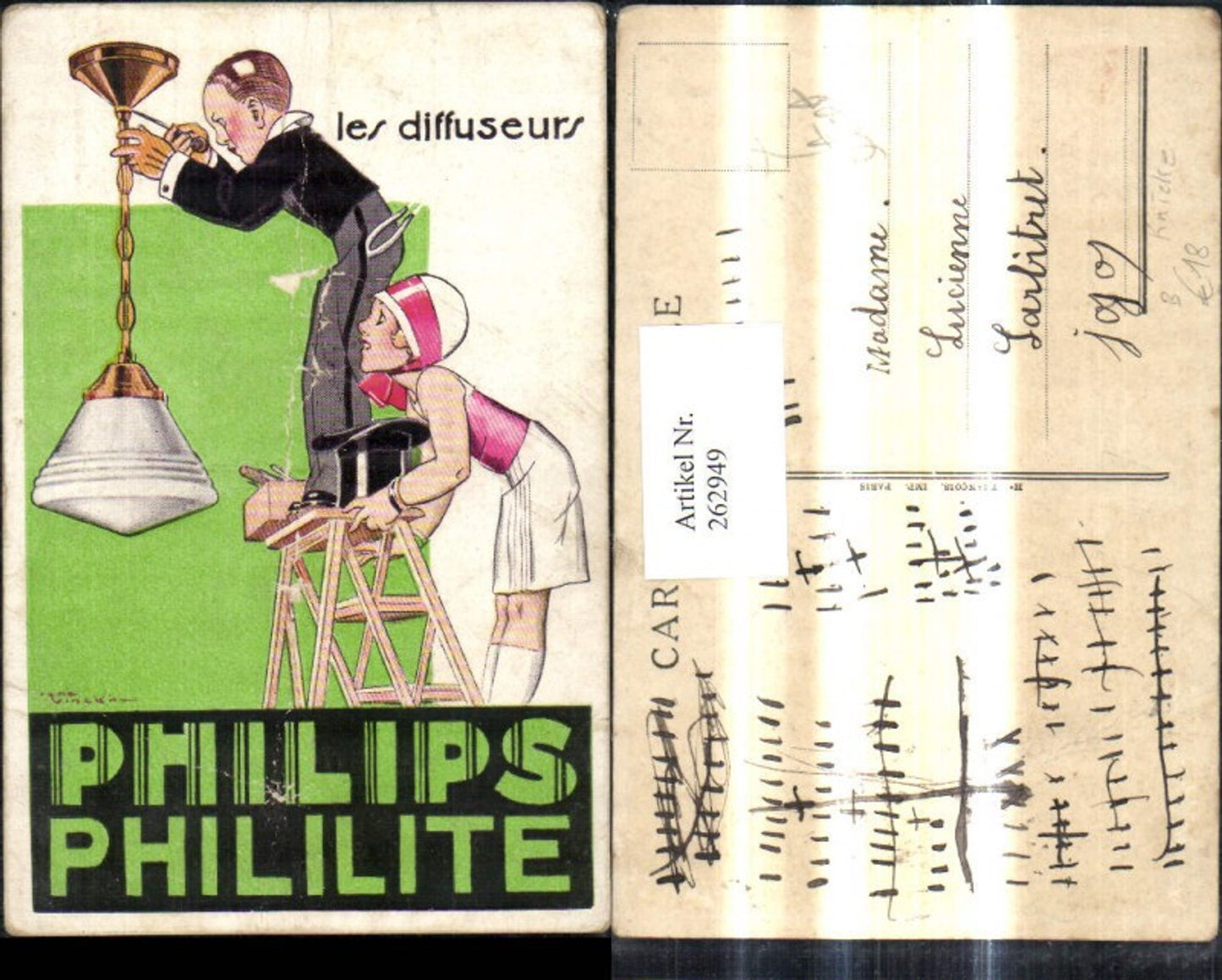 262949,Reklame Philips Phililite les diffuseurs Lampe Mann a. Leiter Zylinder Hut Frau
