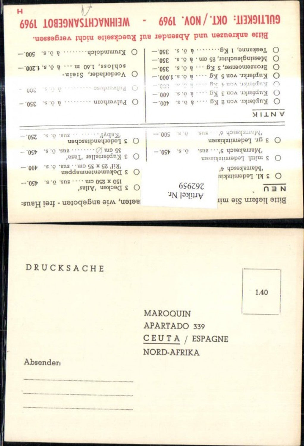 262959,Reklame Maroquin Ceuta Nordafrika Marokkanische Handarbeit Weihnachtsangebot 1969