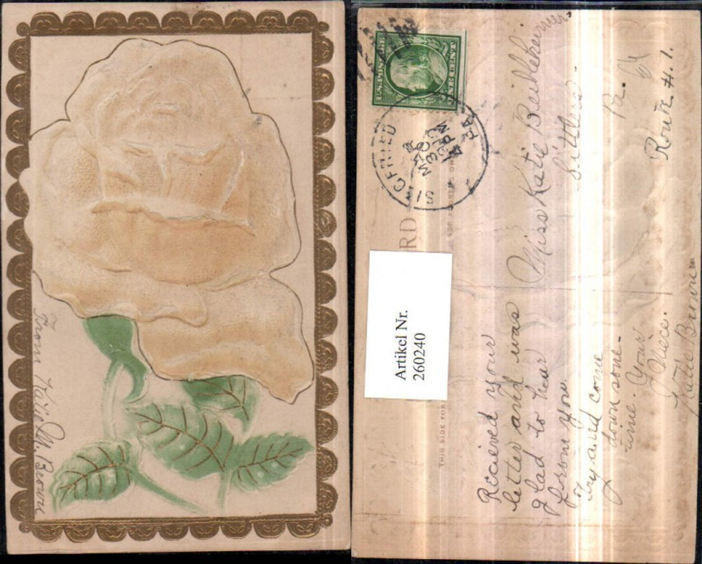 260240, Embossed Relief AK Gold Decoration Yellow Rose Rose Blossom