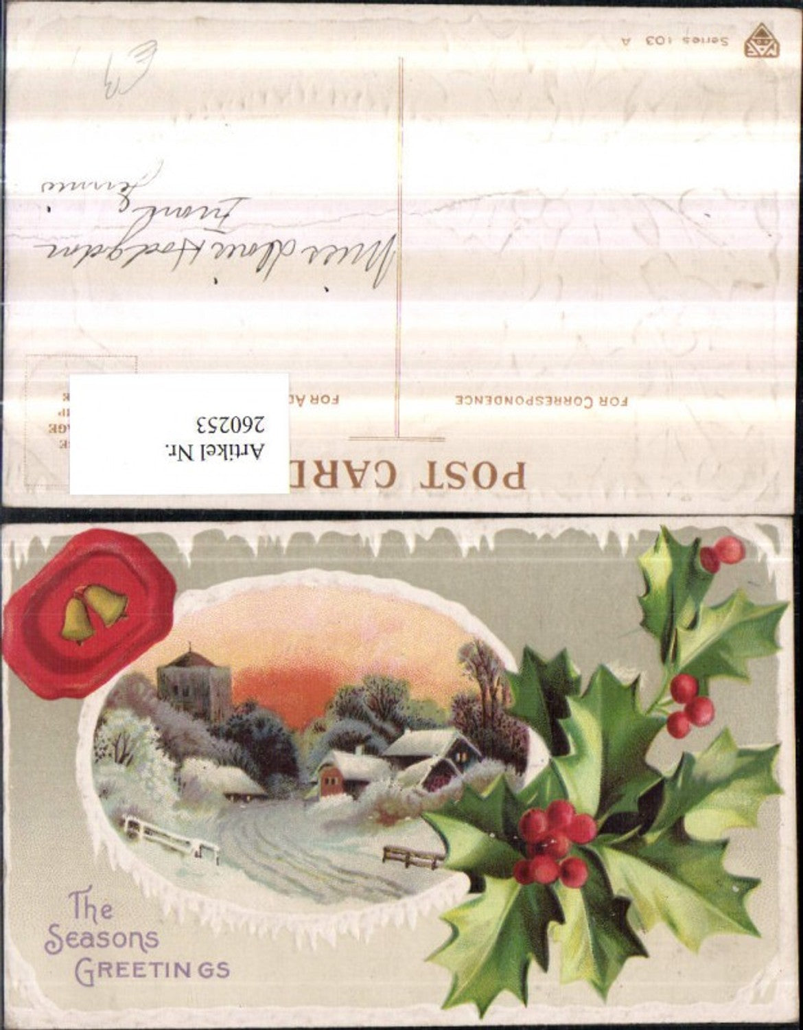 260253, embossed postcard The Seasons Greetings landscape winter scene passe-partout holly seal bells