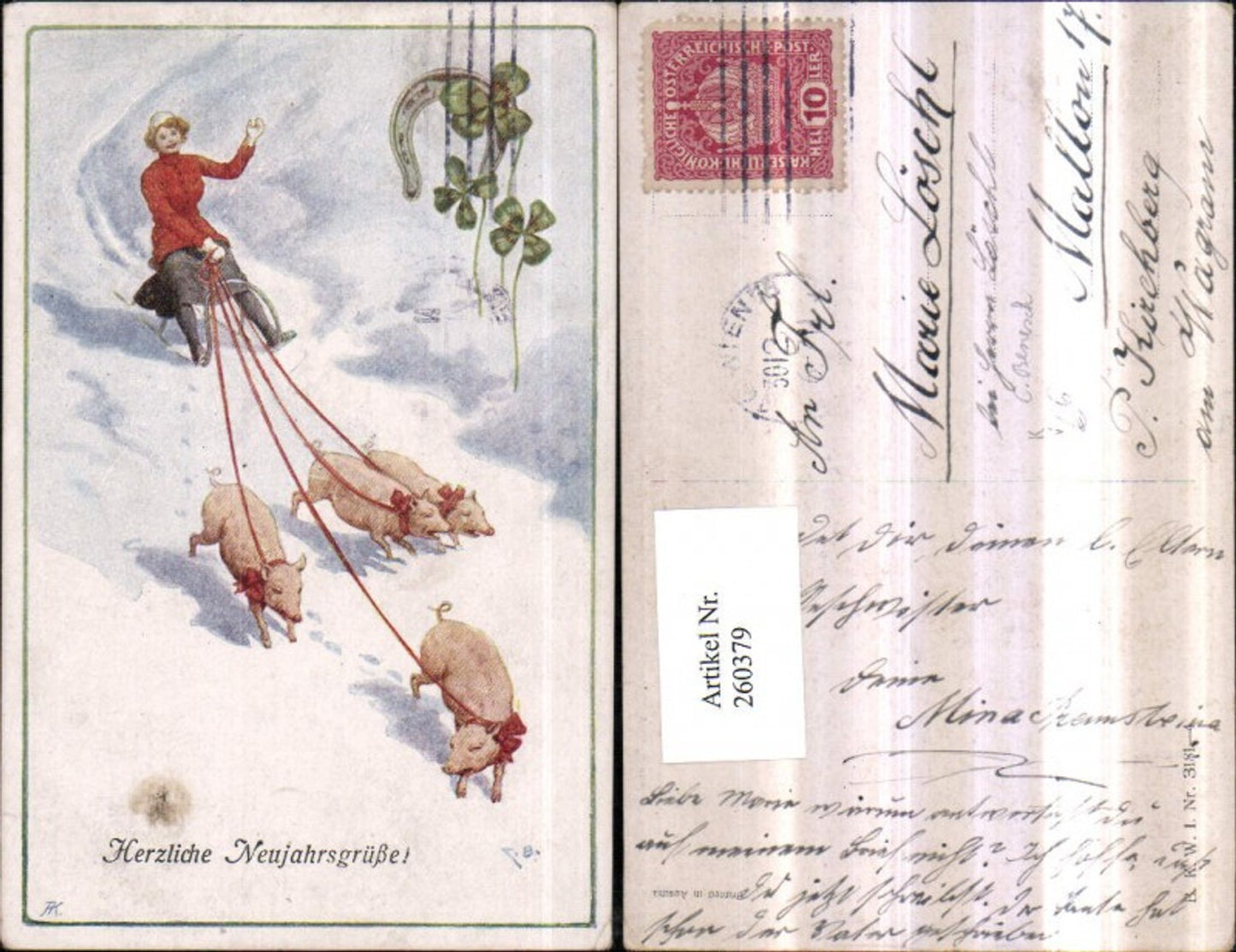 260379,Künstler AK C. Benesch Neujahr Frau Schlitten Rodel Ferkel Kleeblätter Hufeisen pub Brüder Kohn B.K.W.I. 3181/
