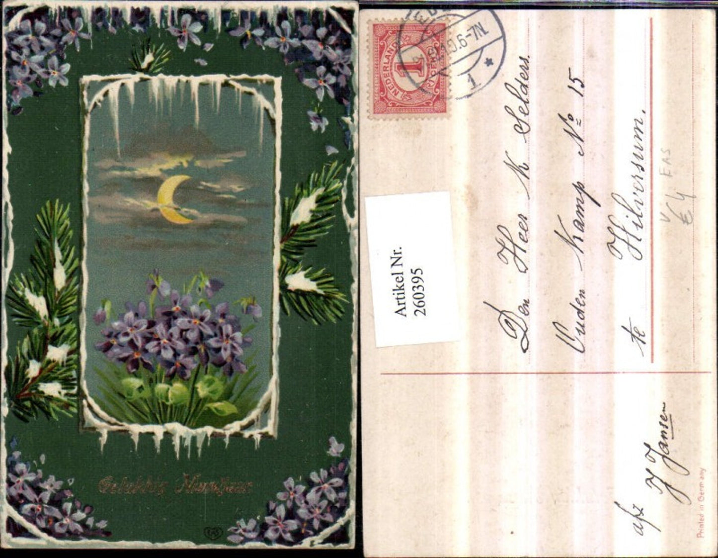 260395,Neujahr Mondschein Sichel Blumen Veilchen Passepartout Tannenzweige pub EAS