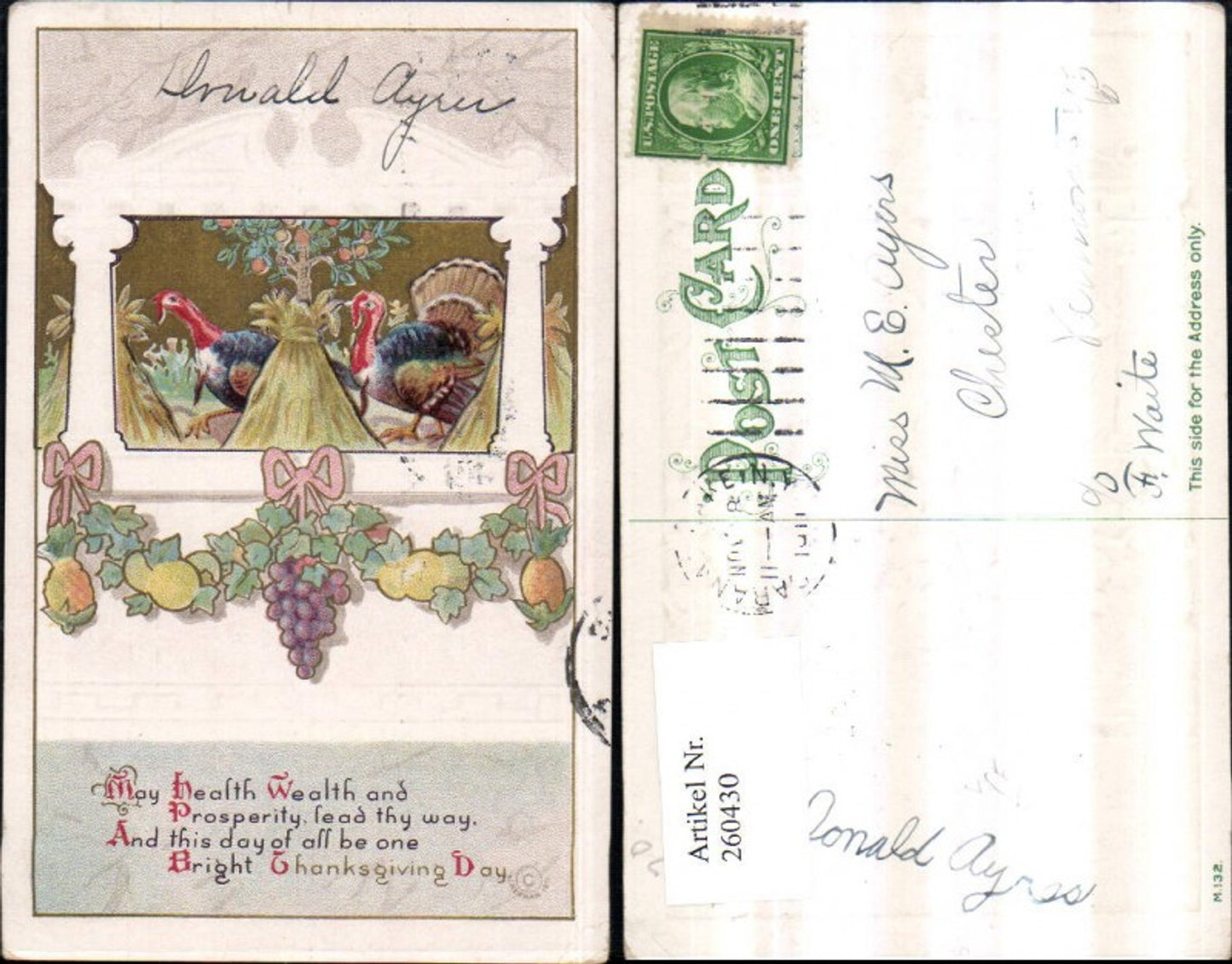 260430, Embossed Lithograph AK Thanksgiving Harvest Festival Turkeys Haystack Passepartout Grapes Garland