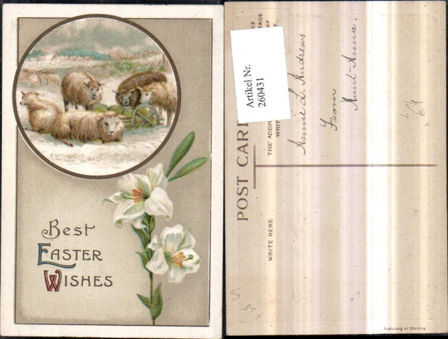 260431,Präge Litho AK Ostern Schafe Passepartout Blumen Lilien