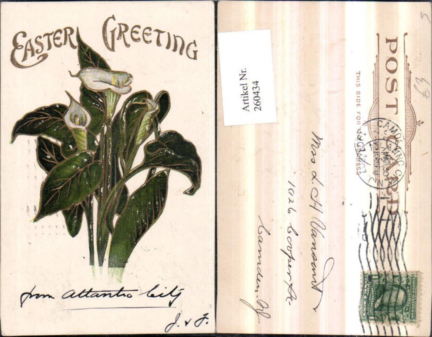 260434,Präge AK Goldverzierung Ostern Calla Blumen