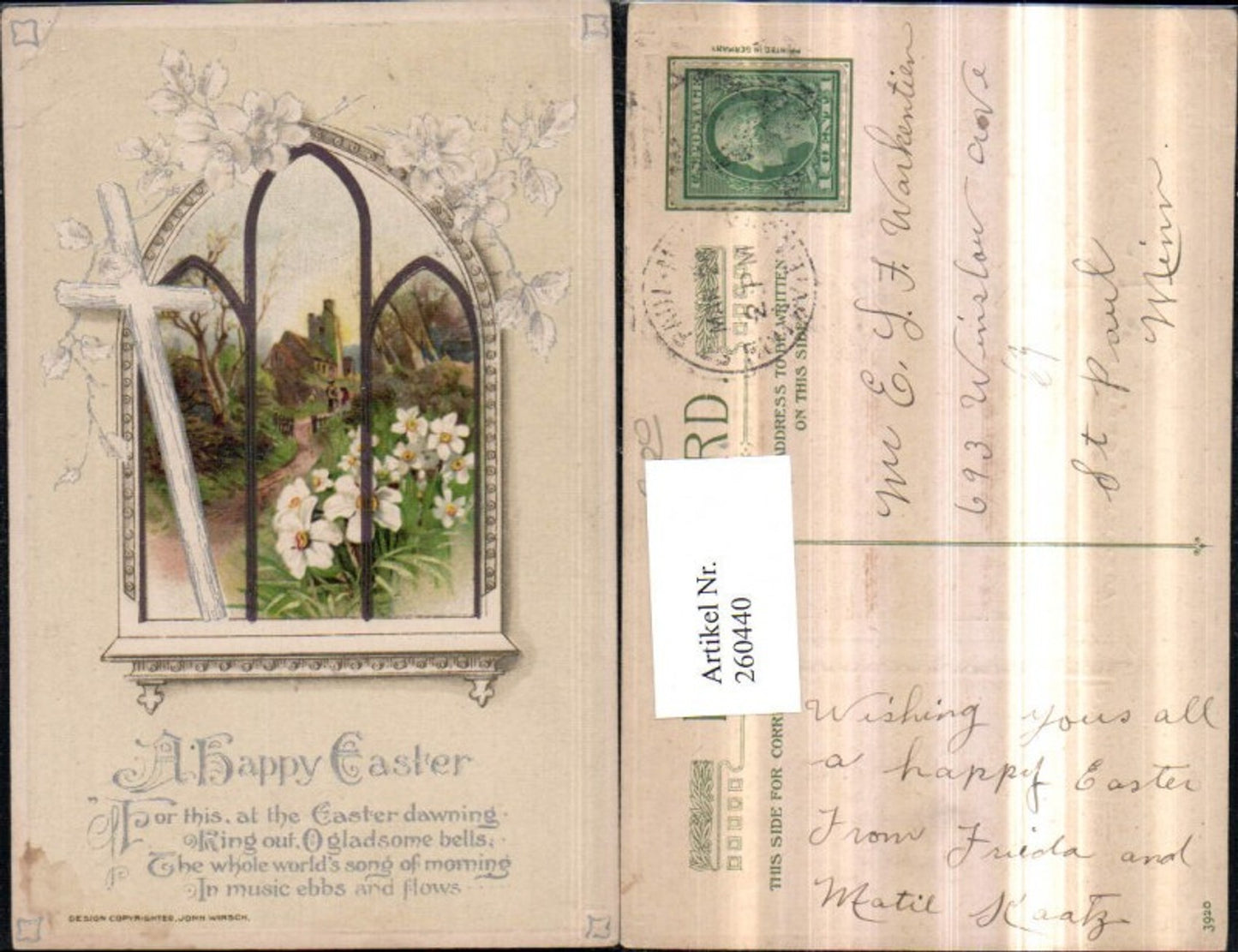 260440,Präge AK Ostern Blick aus d. Kirchenfenster Kreuz Blumen Landschaft Narzissen Spruch Text