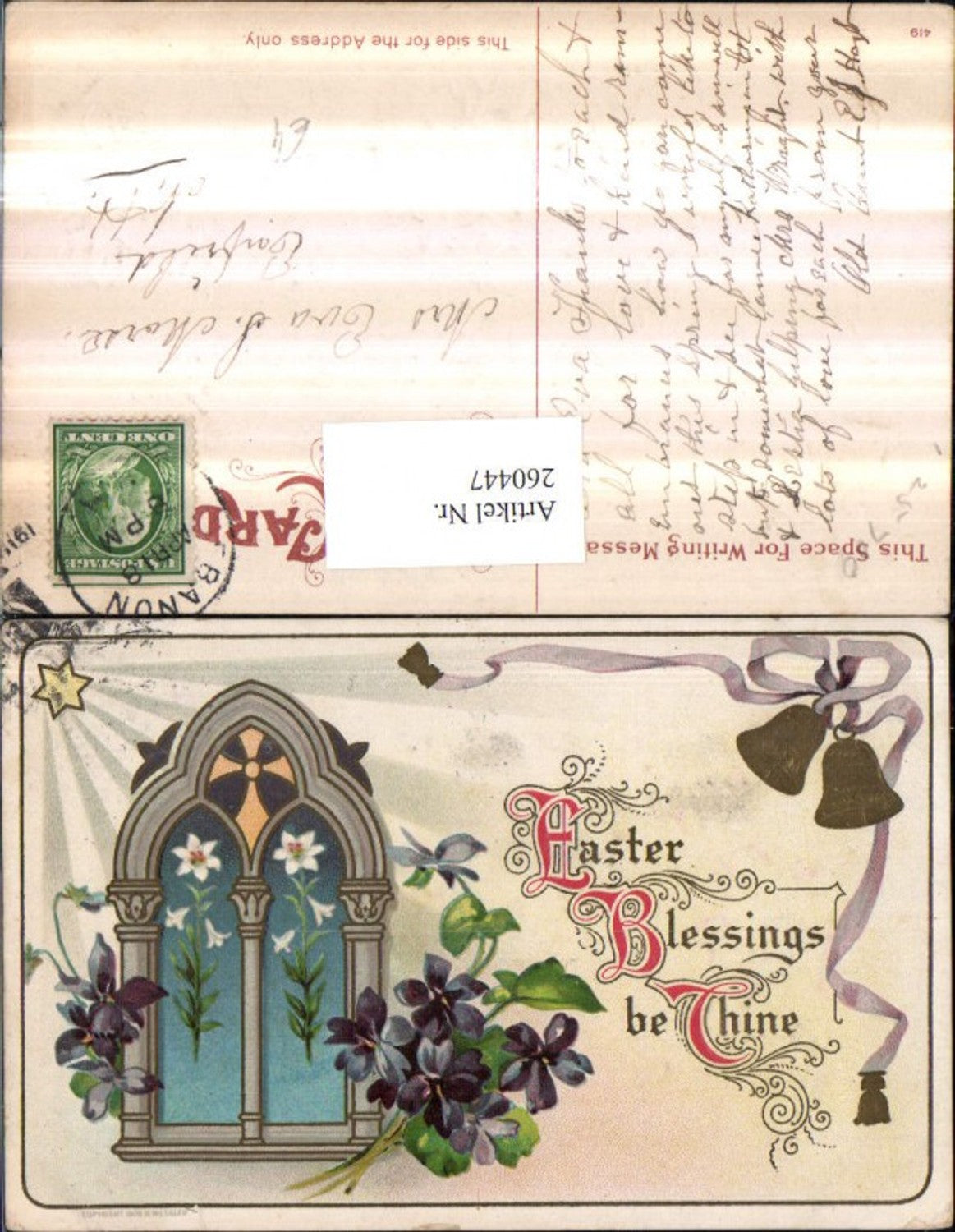 260447,Präge Litho AK Ostern Kirchenfenster Blumen Veilchen Narzissen Glocken Stern