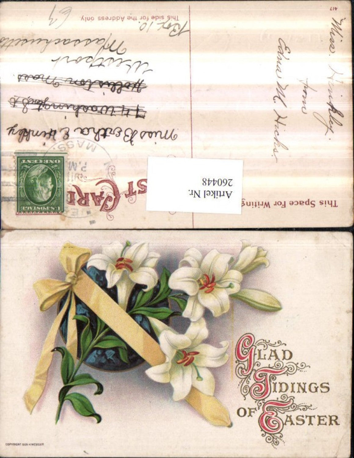 260448,Präge AK Ostern Blumen Lilien Schleife
