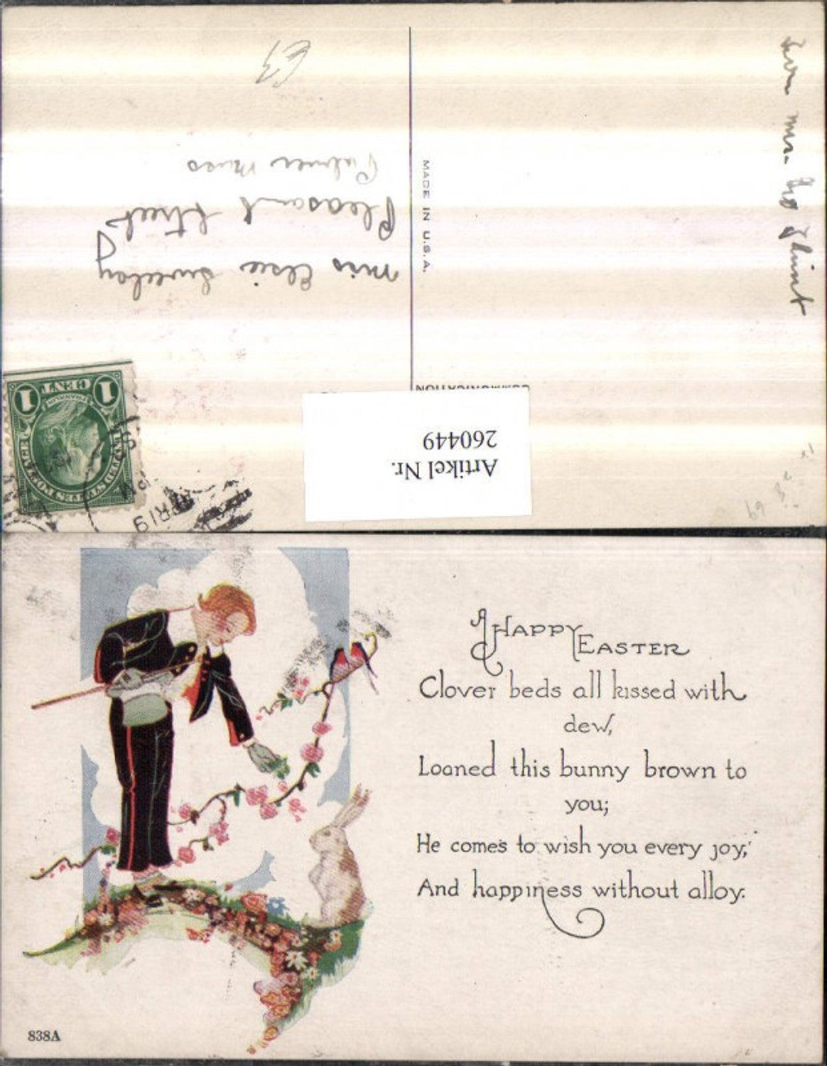 260449,Künstler AK Ostern Mann Anzug Uniform Zylinder Stock Blumenzweig Hase Vögel Spruch Text