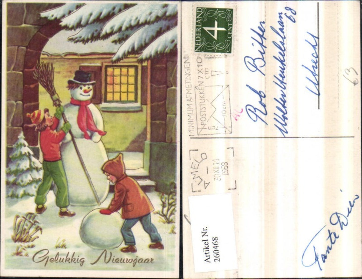 260468, New Year's children b. Building a snowman, top hat, scarf, broom, snow globe, winter picture