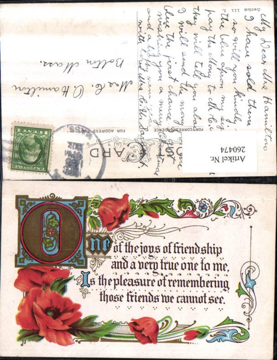 260474, Embosser Lithograph AK Friendship Flowers Poppies Swirls Saying Text