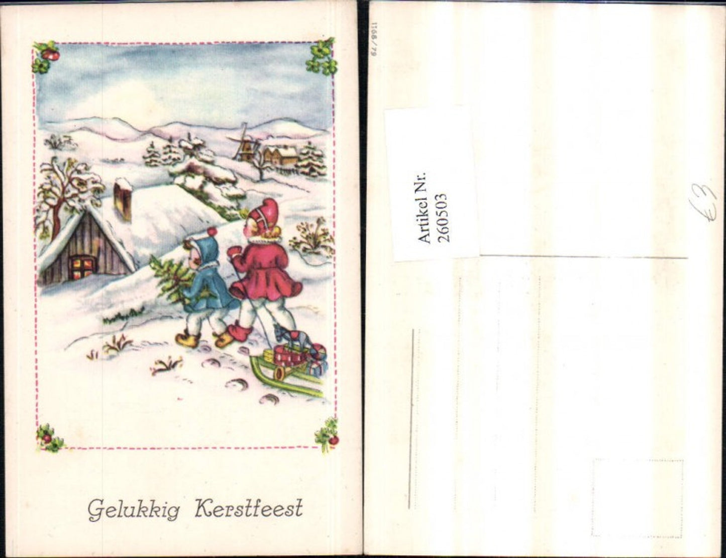 260503, Artist AK Christmas Winter Landscape Windmill Children's Sled Gifts Toys