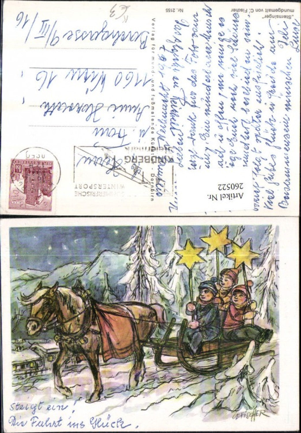 260522,Künstler AK C. Fischer Weihnachten Pferdeschlitten Kinder Sterne