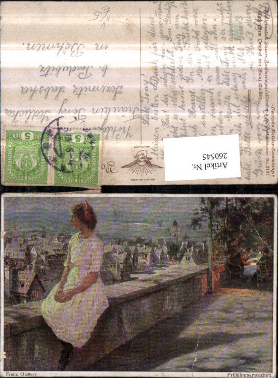 260545,Priums AK 3137 Künstler Franz Guillery Frühlingserwachen Frau m. Kleid Steinmauer Stadtansicht